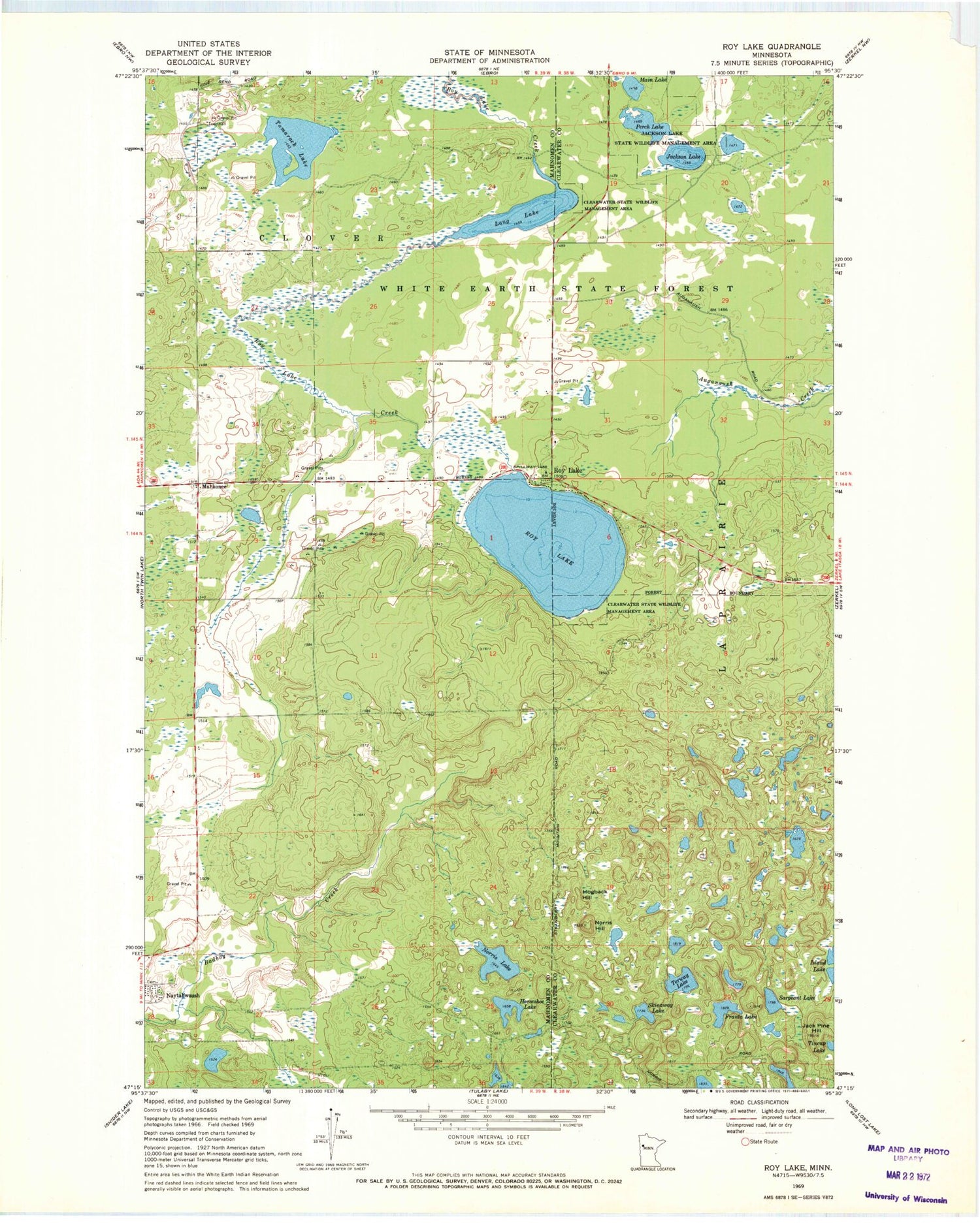 Classic USGS Roy Lake Minnesota 7.5'x7.5' Topo Map Image