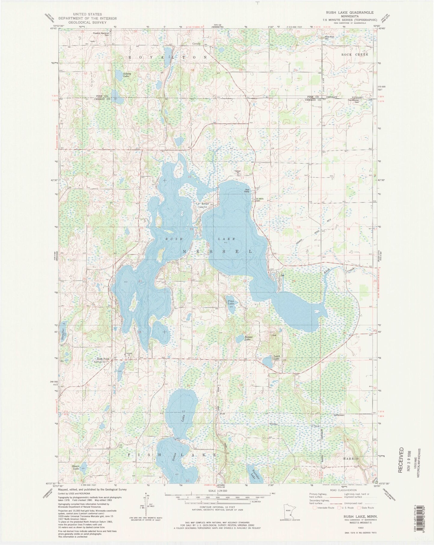 Classic USGS Rush Lake Minnesota 7.5'x7.5' Topo Map Image