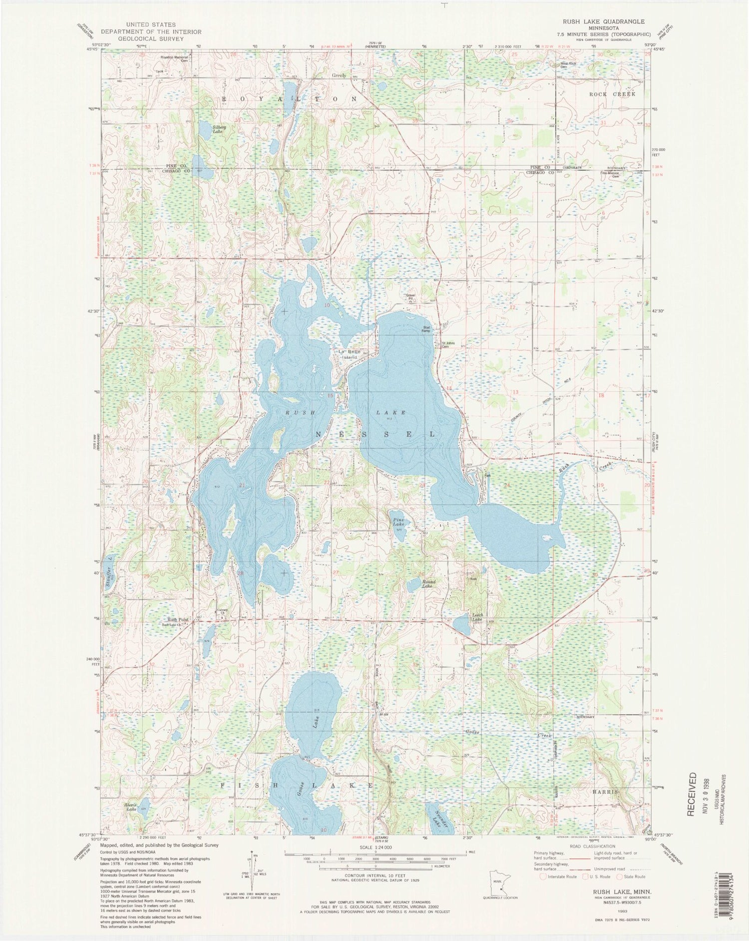 Classic USGS Rush Lake Minnesota 7.5'x7.5' Topo Map Image