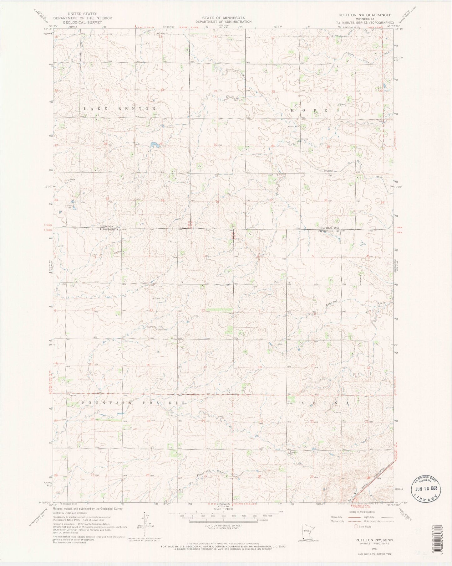 Classic USGS Ruthton NW Minnesota 7.5'x7.5' Topo Map Image