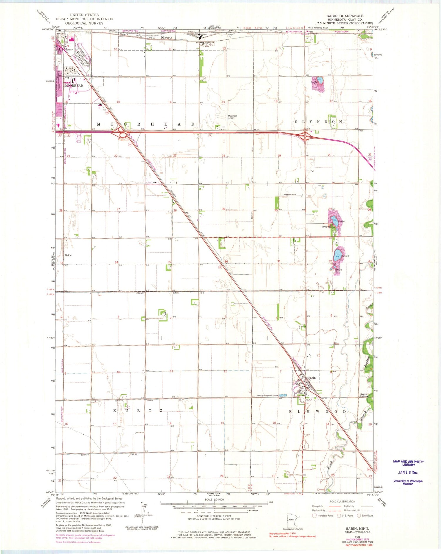Classic USGS Sabin Minnesota 7.5'x7.5' Topo Map Image