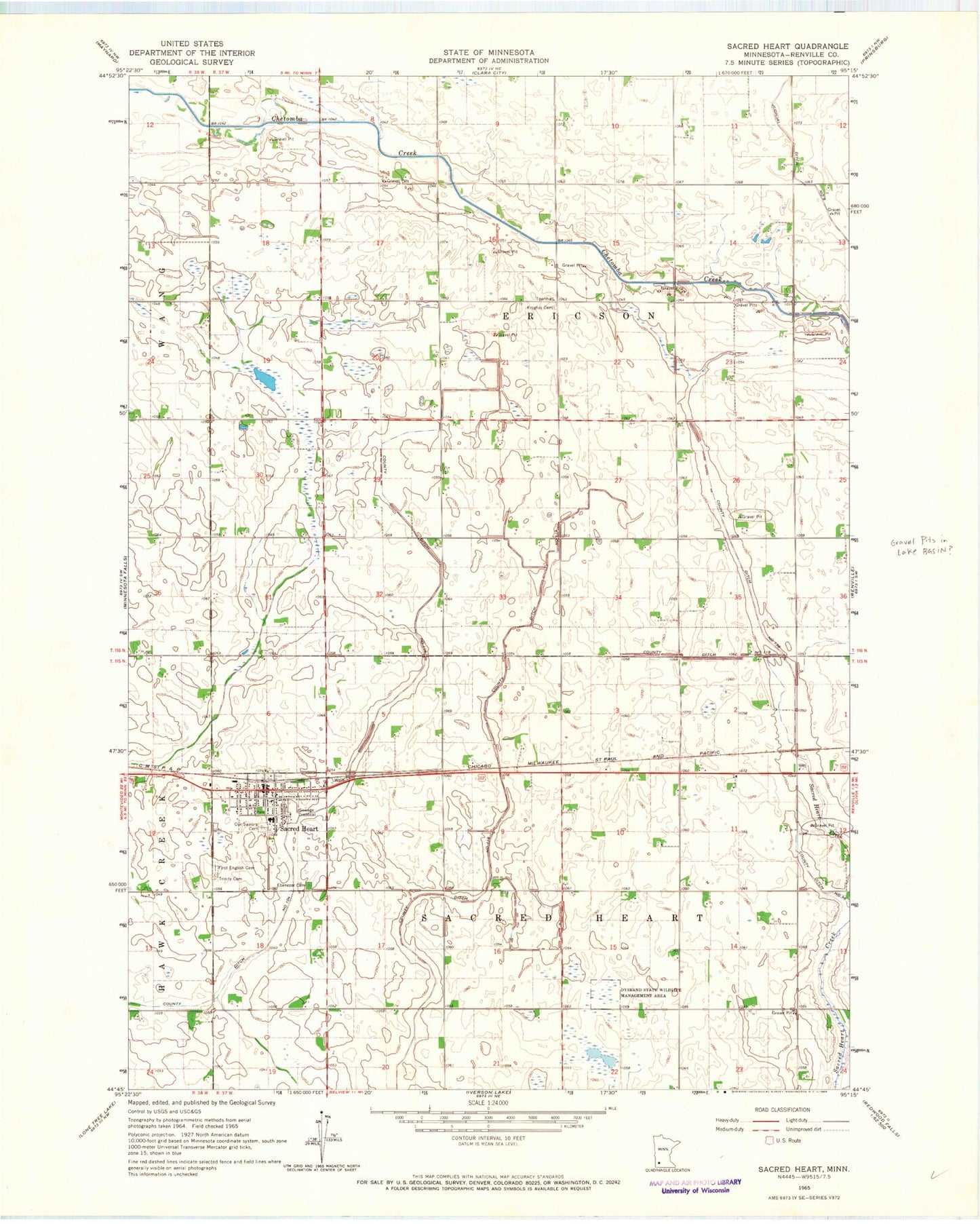 Classic USGS Sacred Heart Minnesota 7.5'x7.5' Topo Map Image