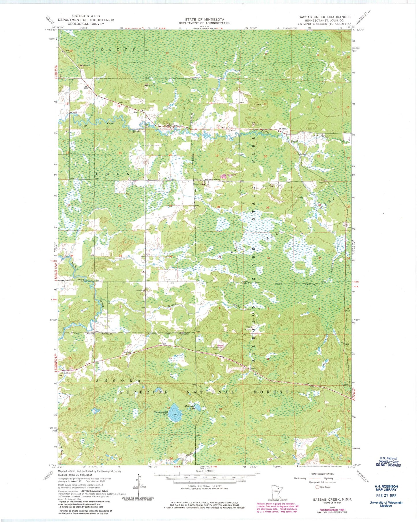 Classic USGS Sassas Creek Minnesota 7.5'x7.5' Topo Map Image