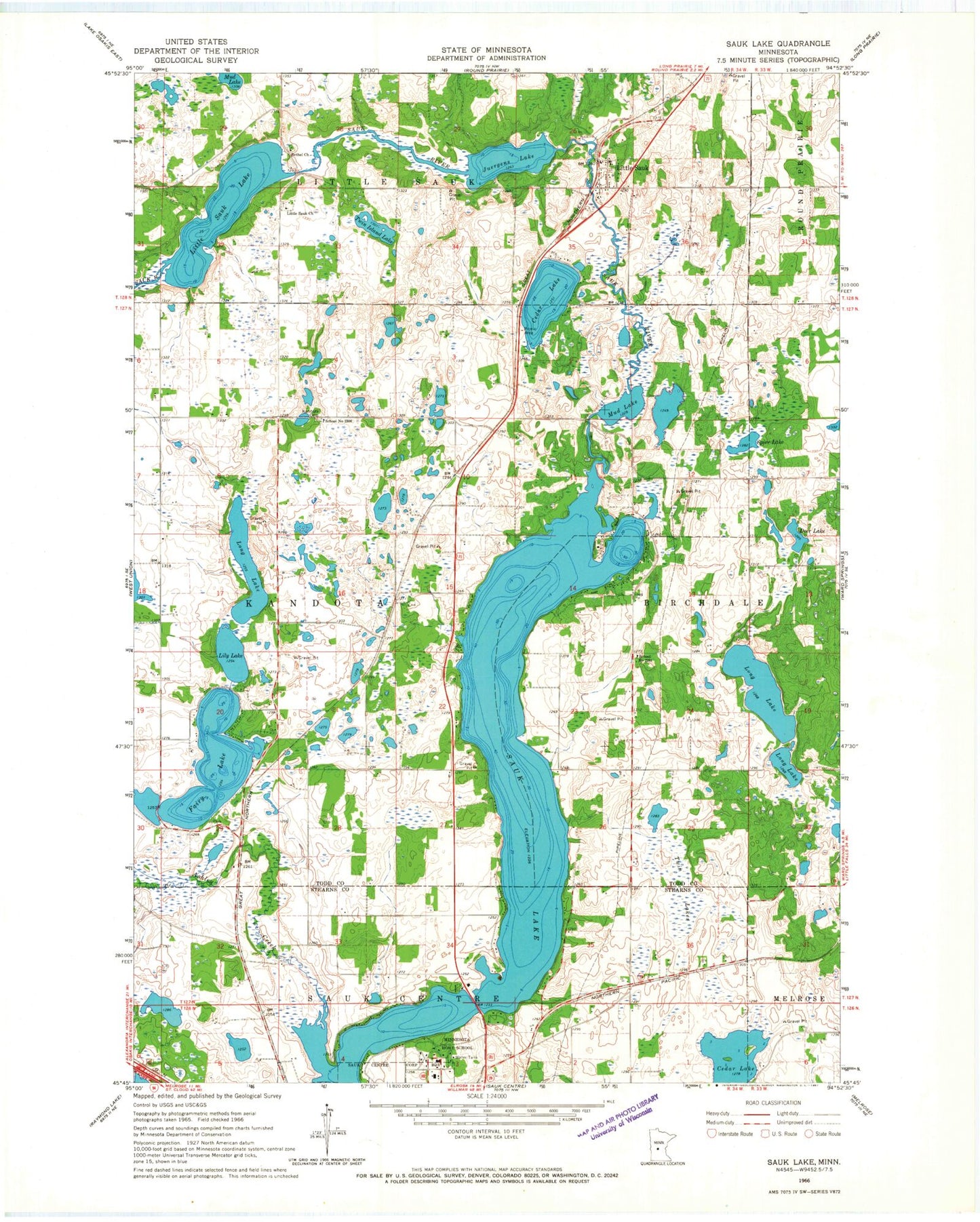 Classic USGS Sauk Lake Minnesota 7.5'x7.5' Topo Map Image