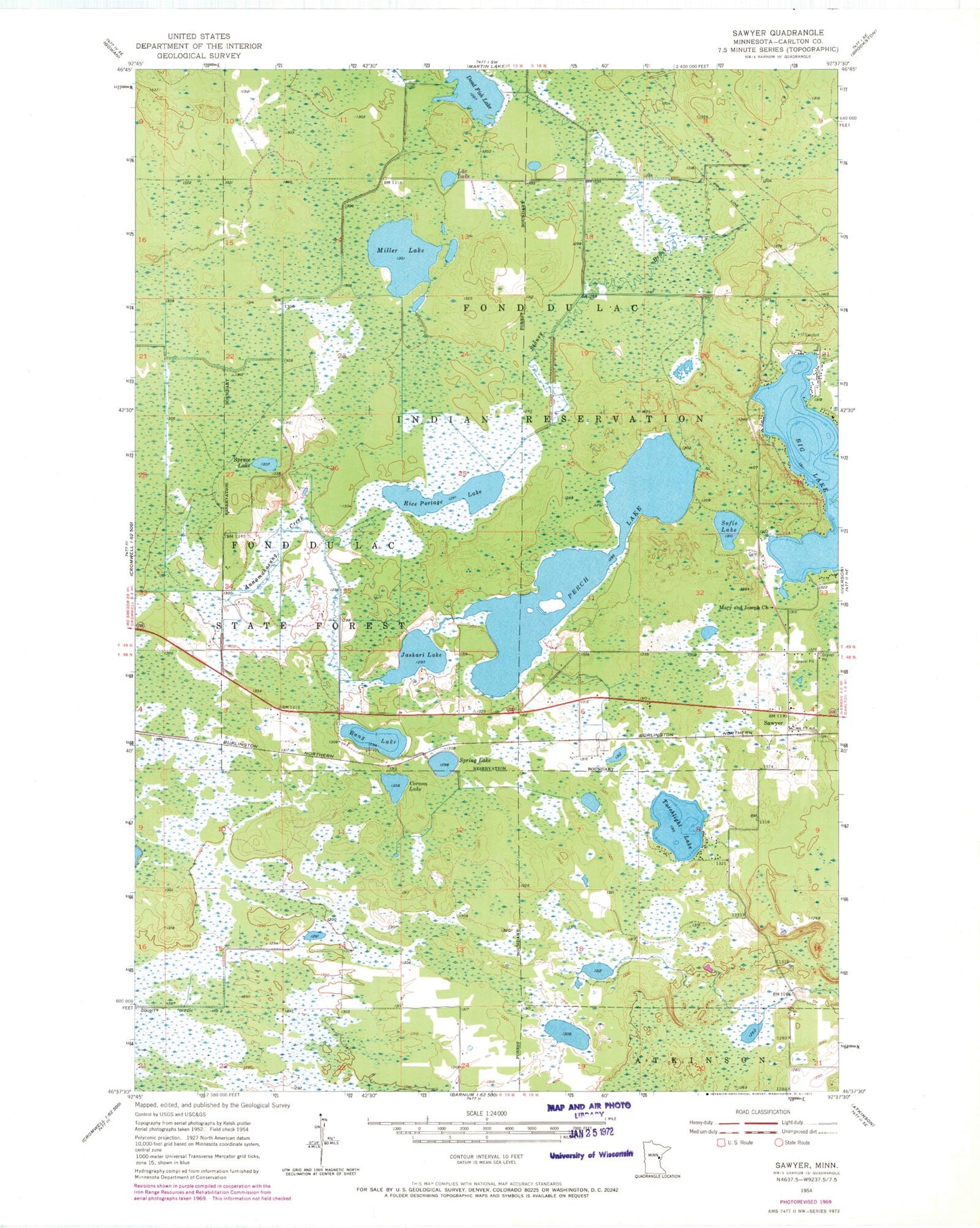 Classic USGS Sawyer Minnesota 7.5'x7.5' Topo Map Image