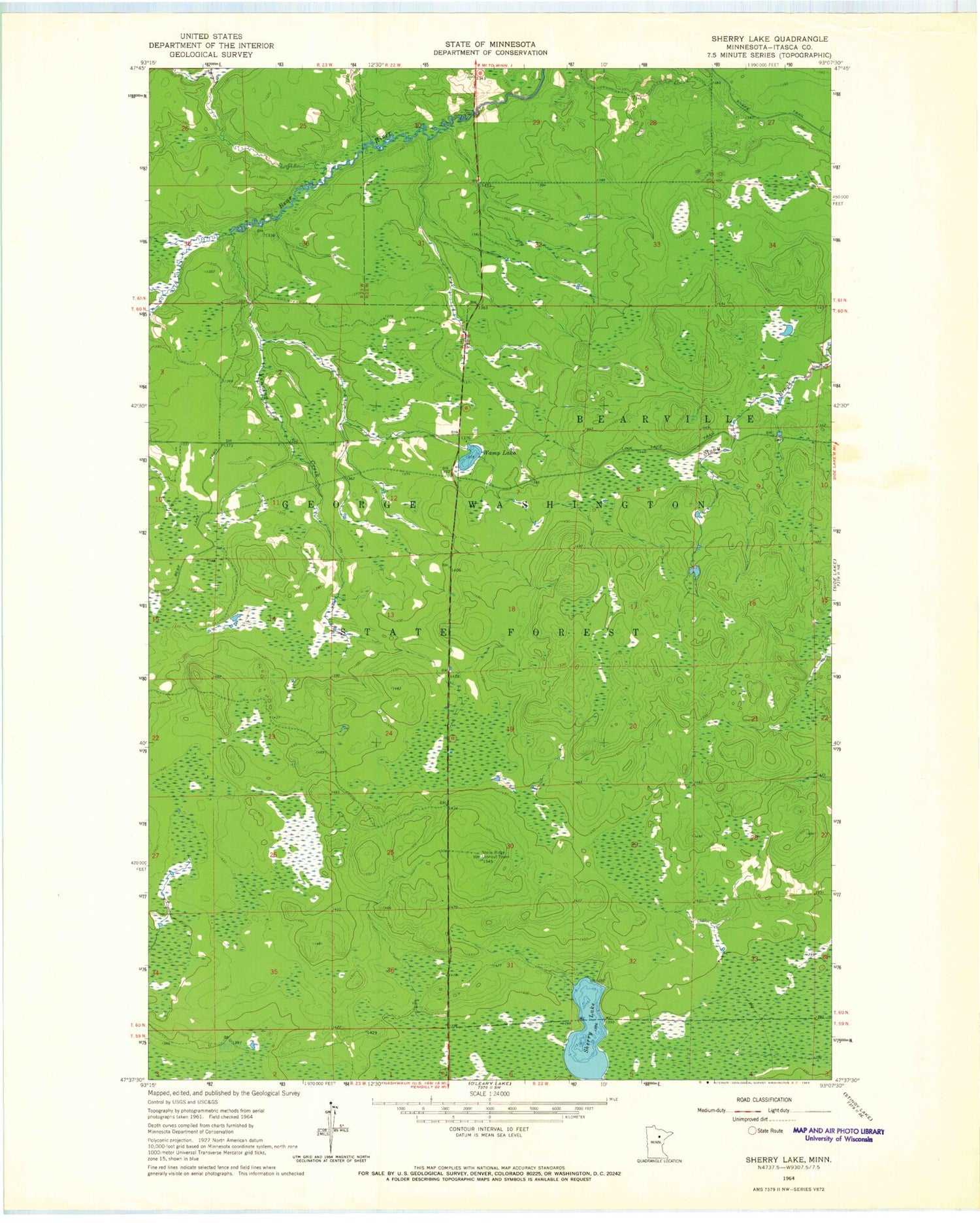 Classic USGS Sherry Lake Minnesota 7.5'x7.5' Topo Map Image