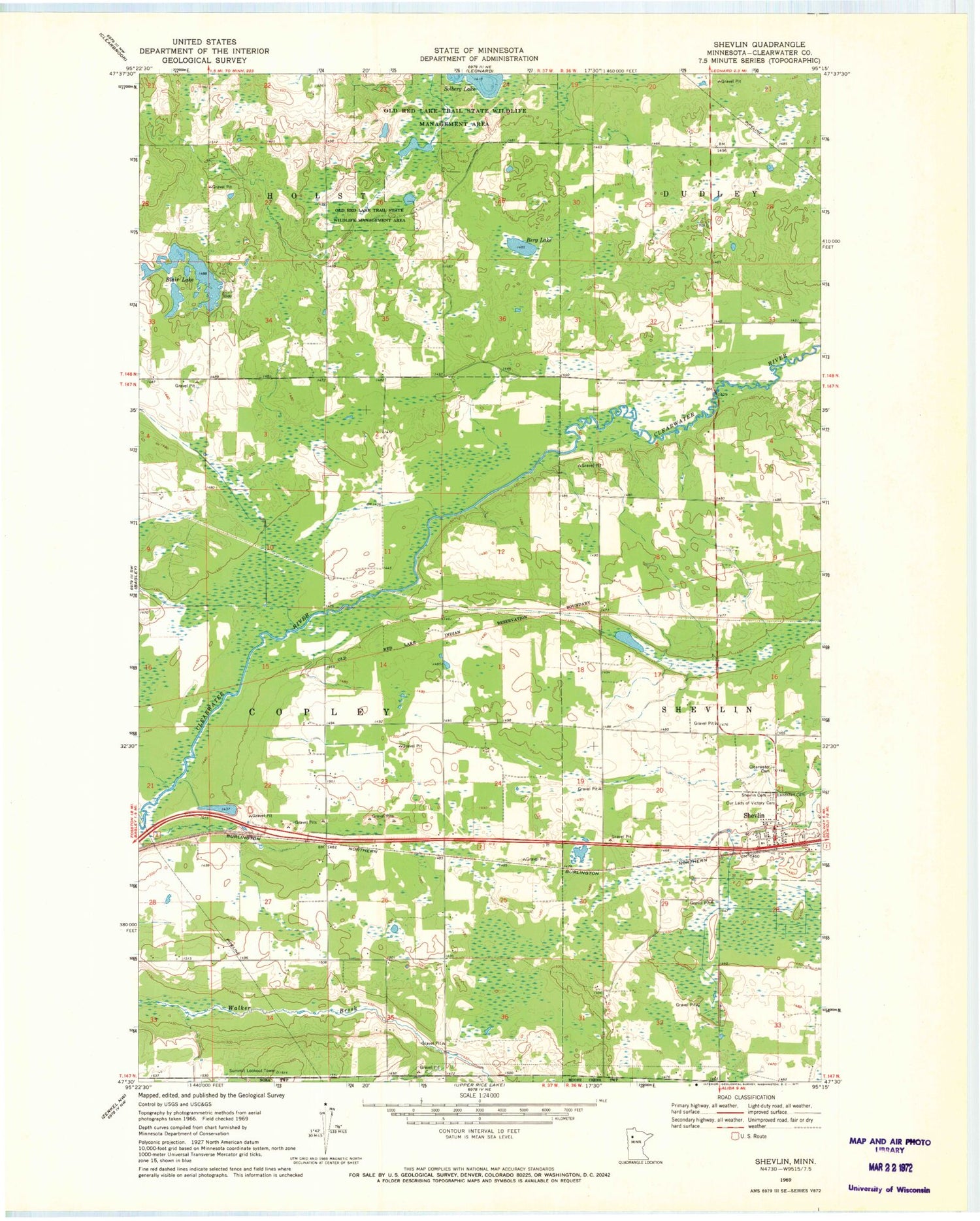 Classic USGS Shevlin Minnesota 7.5'x7.5' Topo Map Image