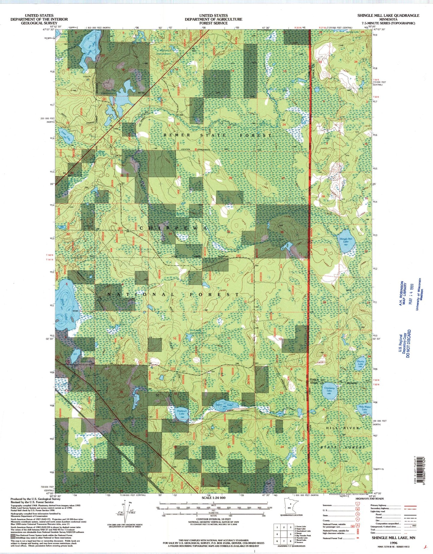 Classic USGS Shingle Mill Lake Minnesota 7.5'x7.5' Topo Map Image