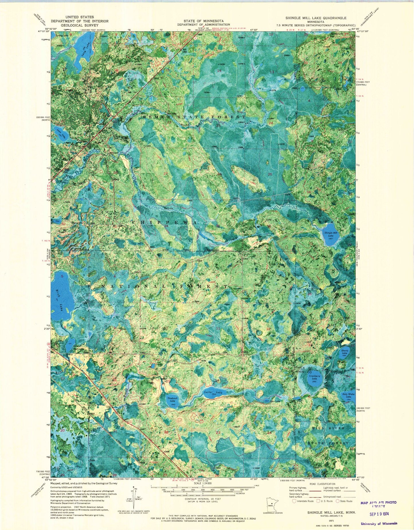 Classic USGS Shingle Mill Lake Minnesota 7.5'x7.5' Topo Map Image