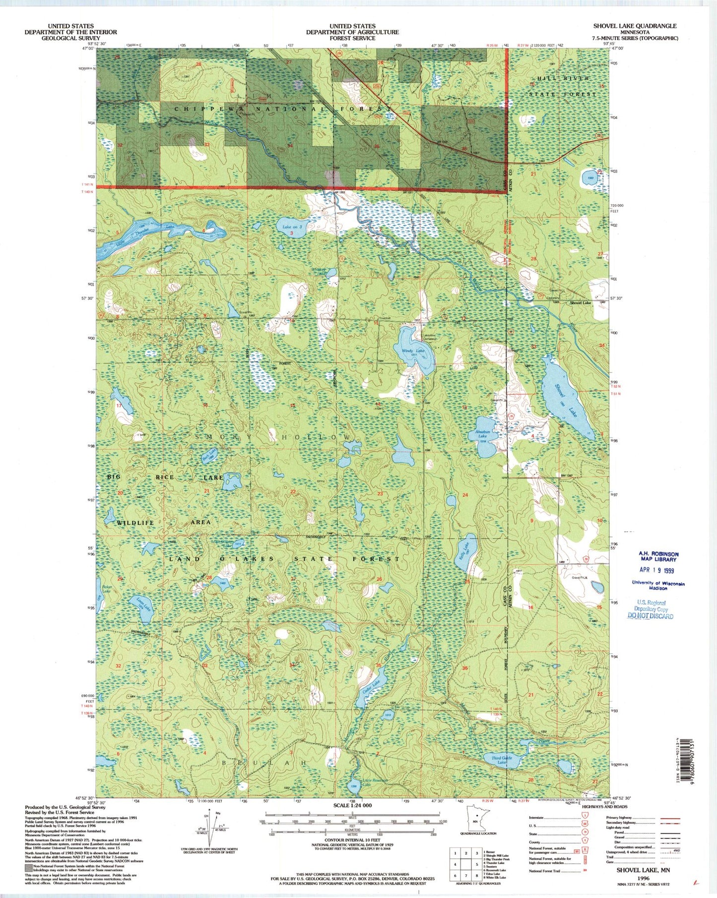 Classic USGS Shovel Lake Minnesota 7.5'x7.5' Topo Map Image