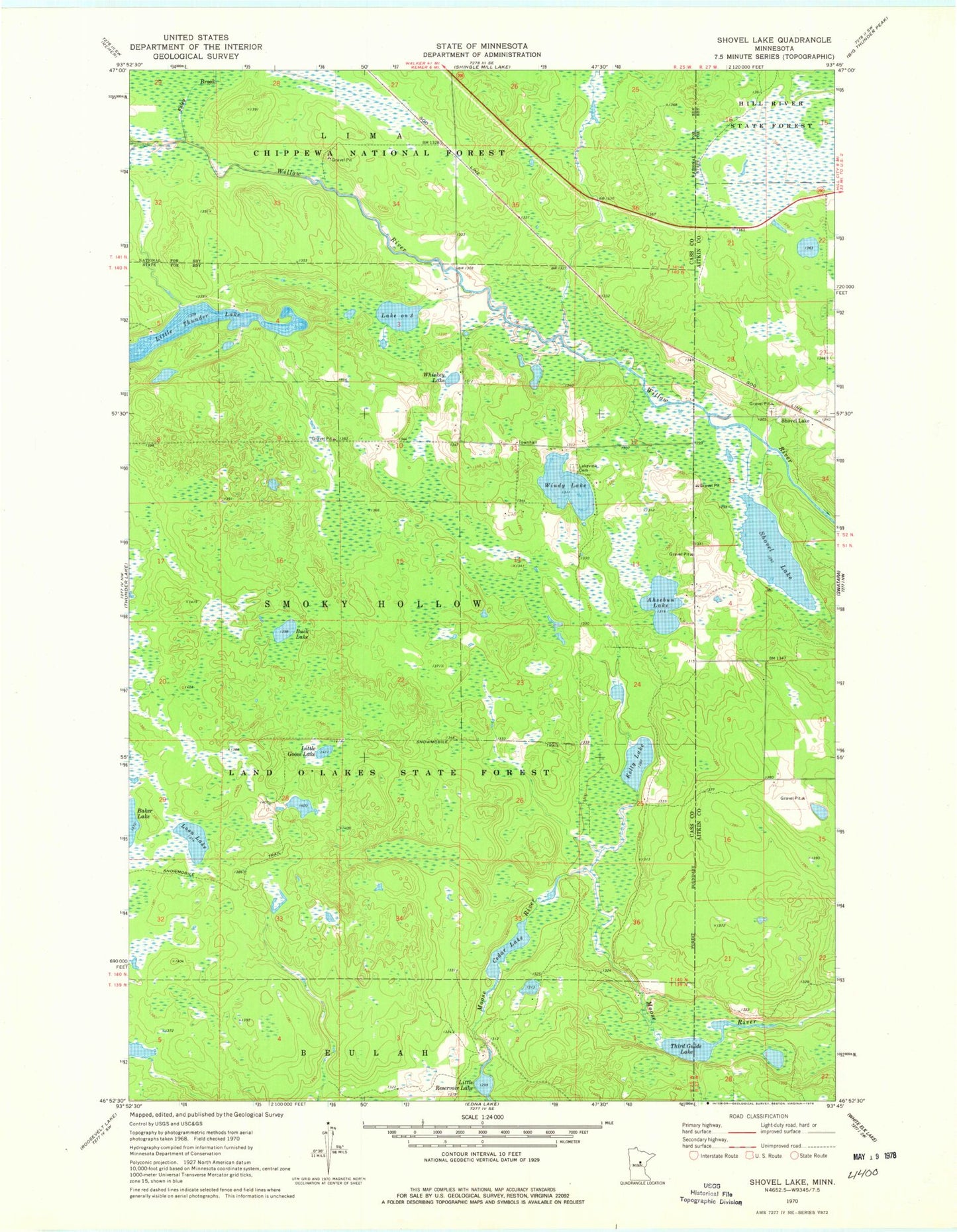 Classic USGS Shovel Lake Minnesota 7.5'x7.5' Topo Map Image