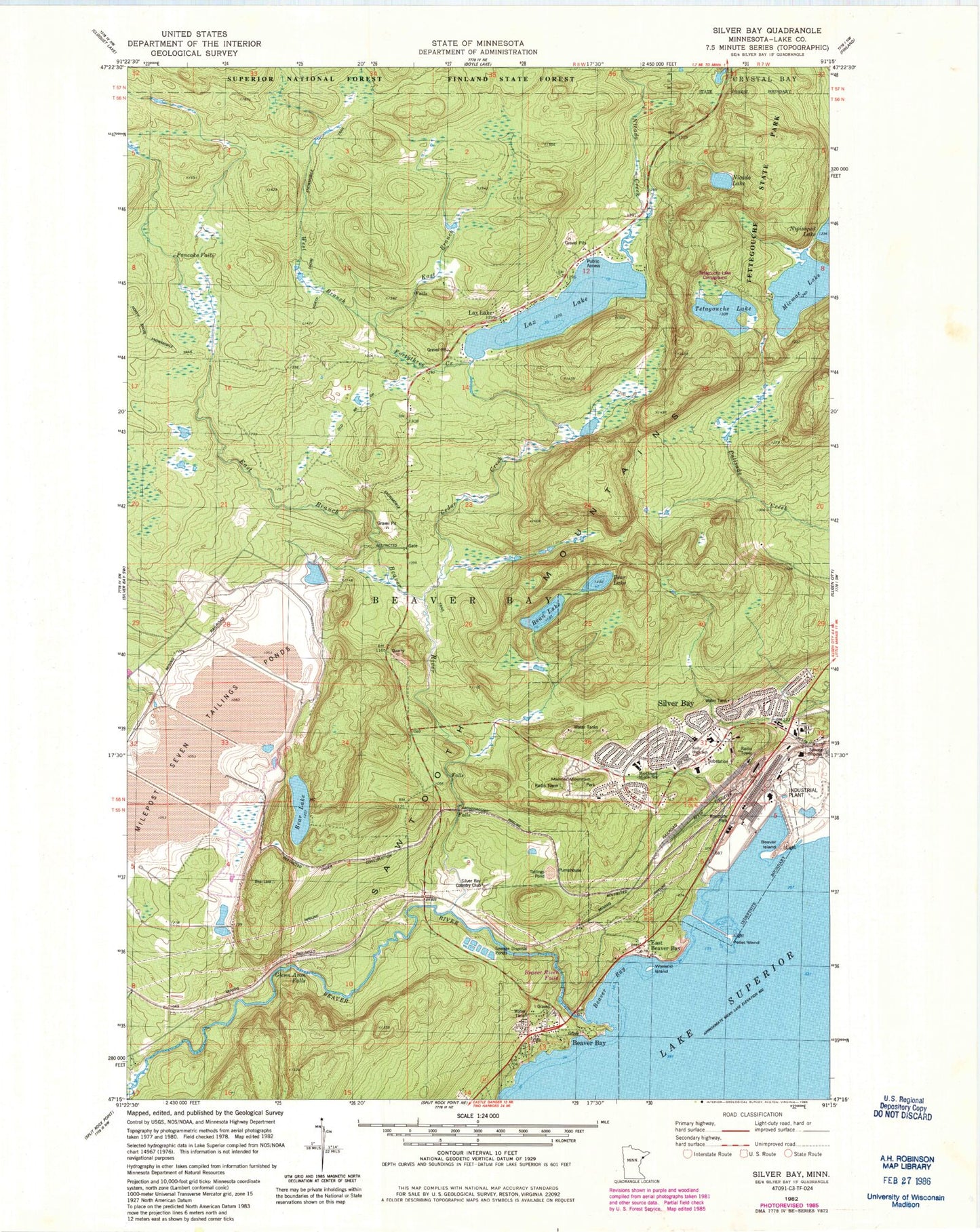 Classic USGS Silver Bay Minnesota 7.5'x7.5' Topo Map Image