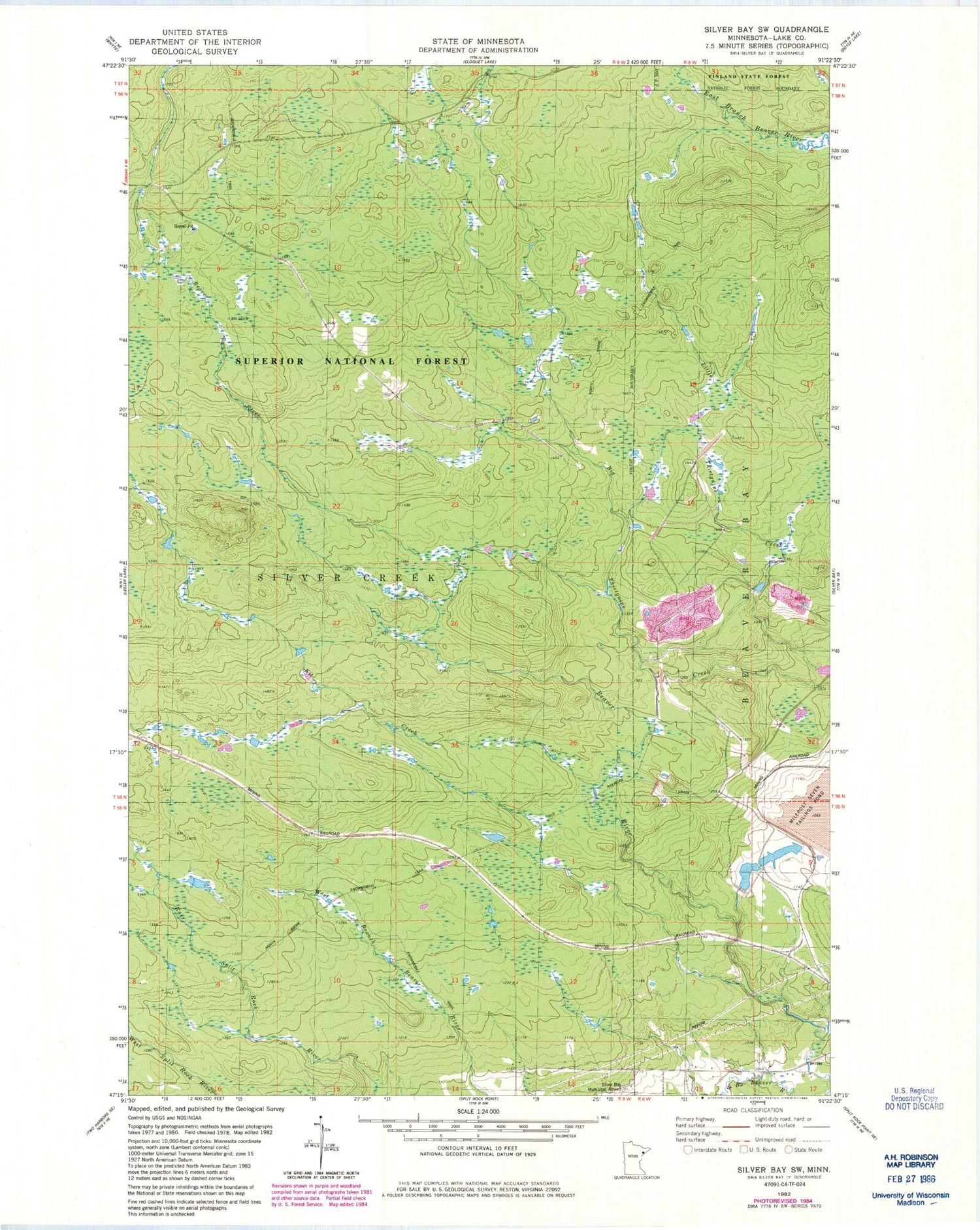 Classic USGS Silver Bay SW Minnesota 7.5'x7.5' Topo Map Image