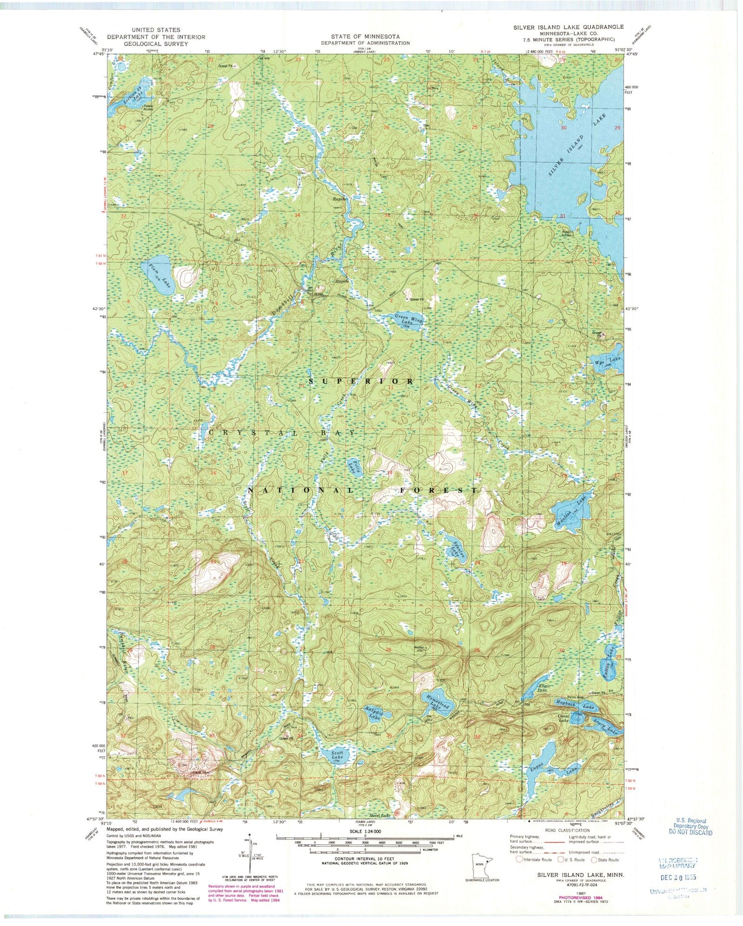 Classic USGS Silver Island Lake Minnesota 7.5'x7.5' Topo Map Image