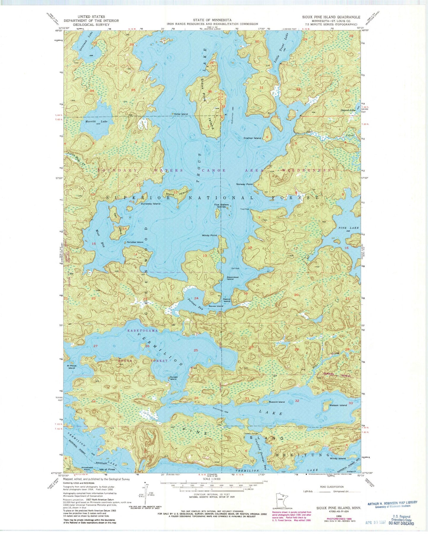 Classic USGS Sioux Pine Island Minnesota 7.5'x7.5' Topo Map Image