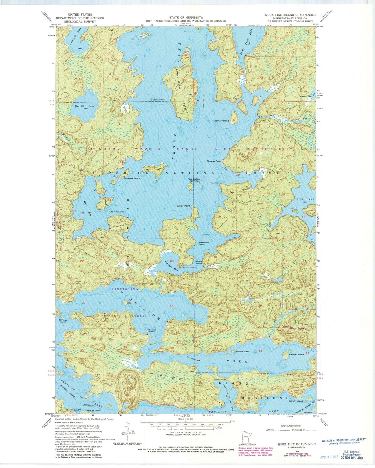 Classic USGS Sioux Pine Island Minnesota 7.5'x7.5' Topo Map Image