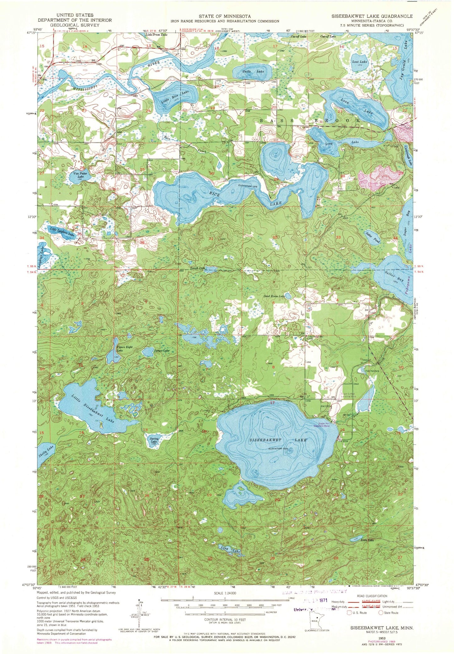 Classic USGS Siseebakwet Lake Minnesota 7.5'x7.5' Topo Map Image
