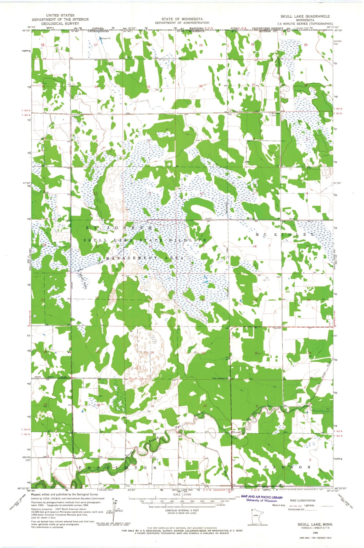 Classic USGS Skull Lake Minnesota 7.5'x7.5' Topo Map Image