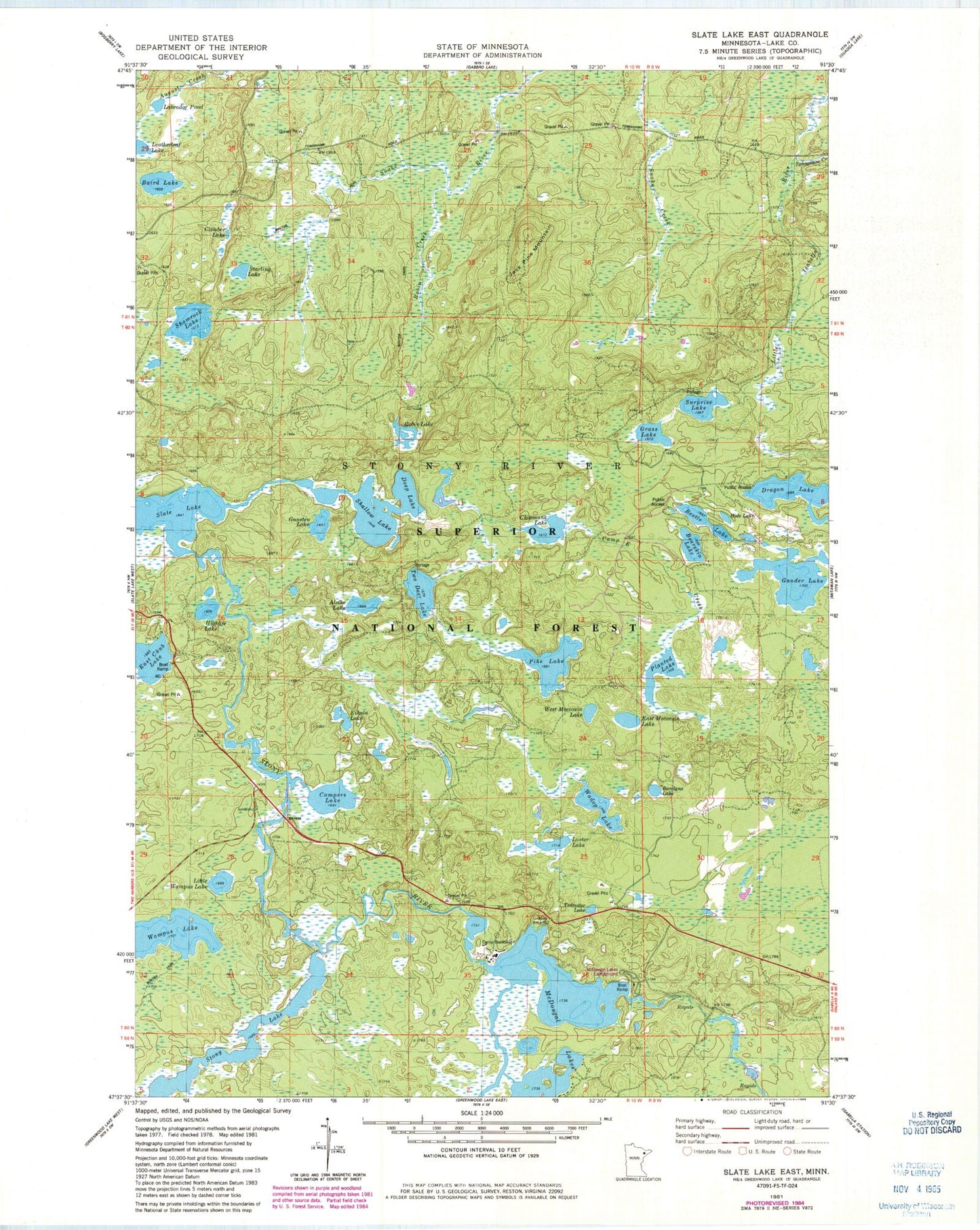 Classic USGS Slate Lake East Minnesota 7.5'x7.5' Topo Map Image