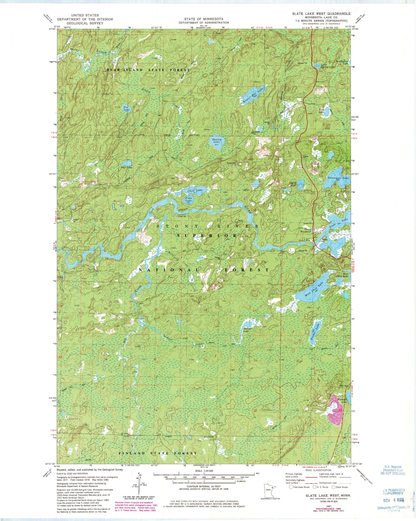 Classic USGS Slate Lake West Minnesota 7.5'x7.5' Topo Map Image