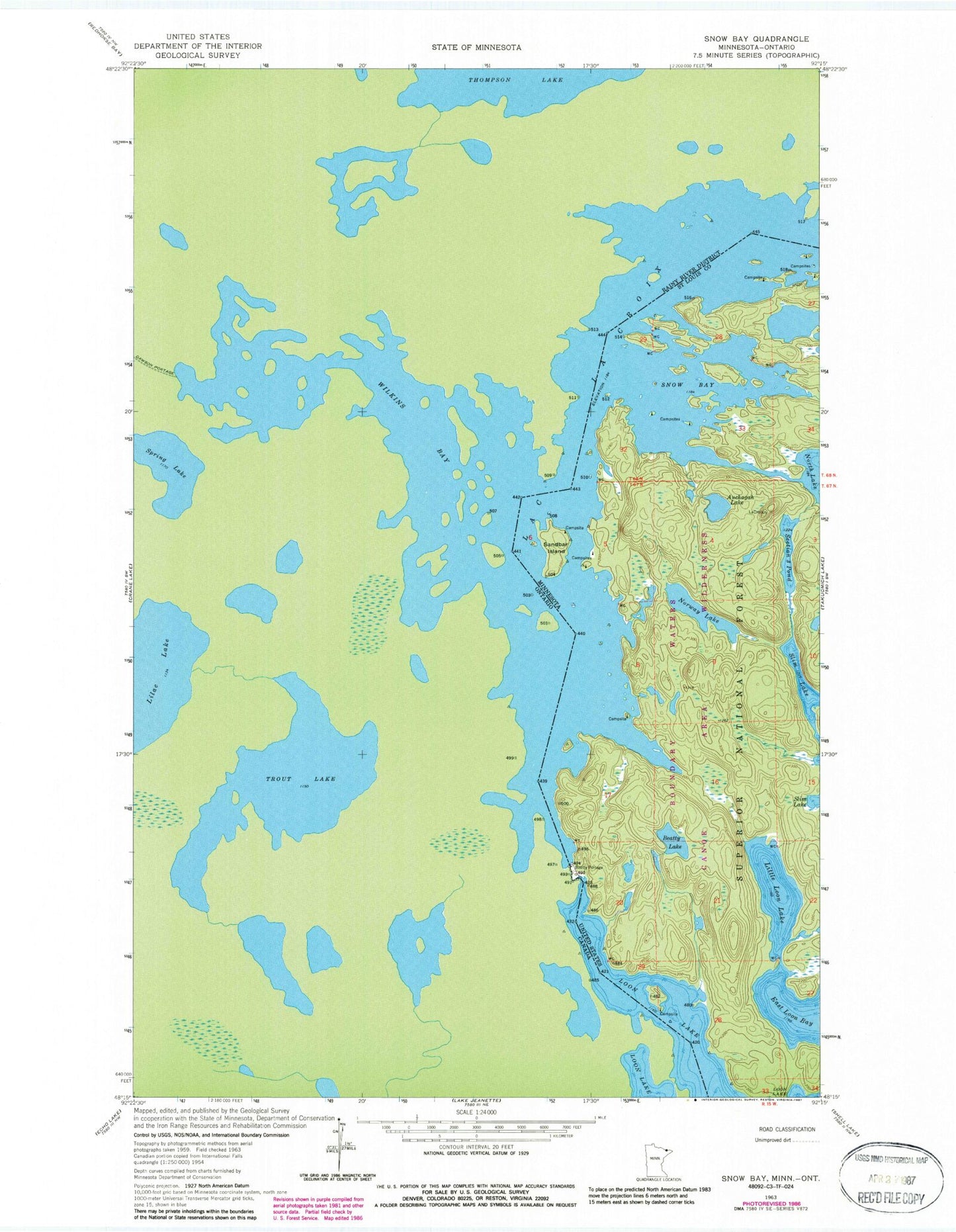 Classic USGS Snow Bay Minnesota 7.5'x7.5' Topo Map Image