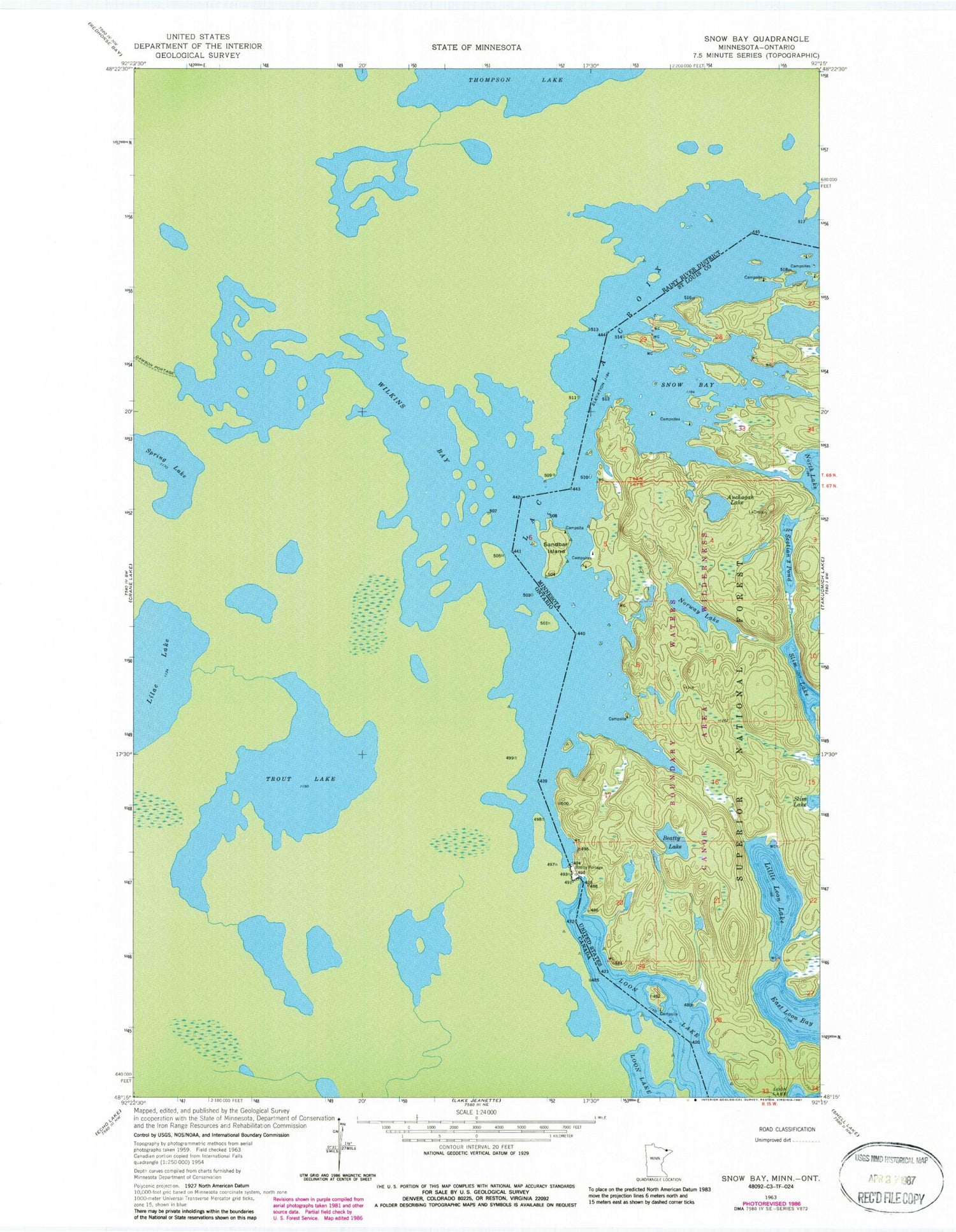 Classic USGS Snow Bay Minnesota 7.5'x7.5' Topo Map Image