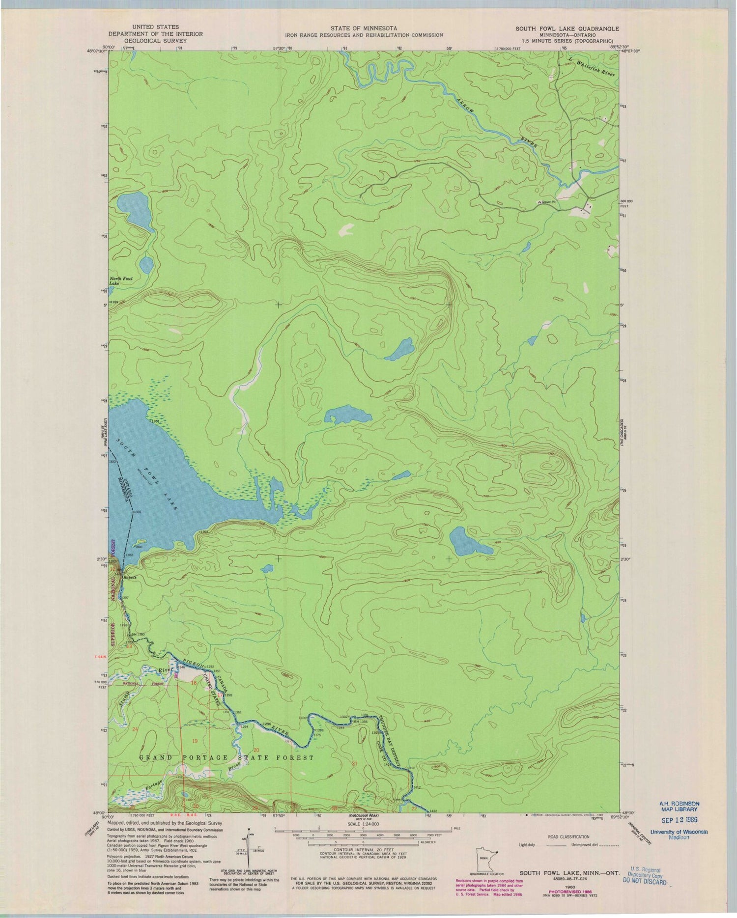 Classic USGS South Fowl Lake Minnesota 7.5'x7.5' Topo Map Image