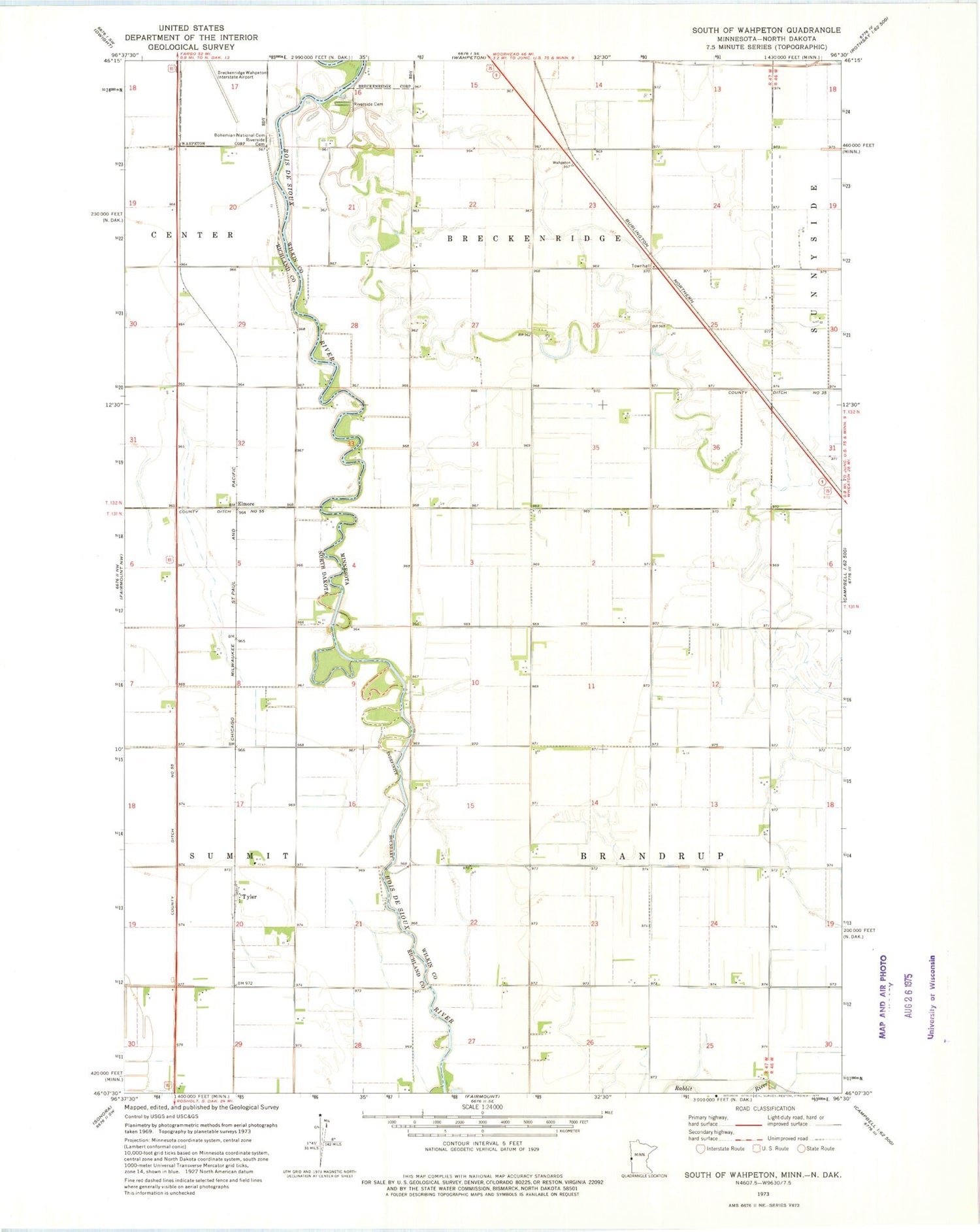 Classic USGS South of Wahpeton Minnesota 7.5'x7.5' Topo Map Image