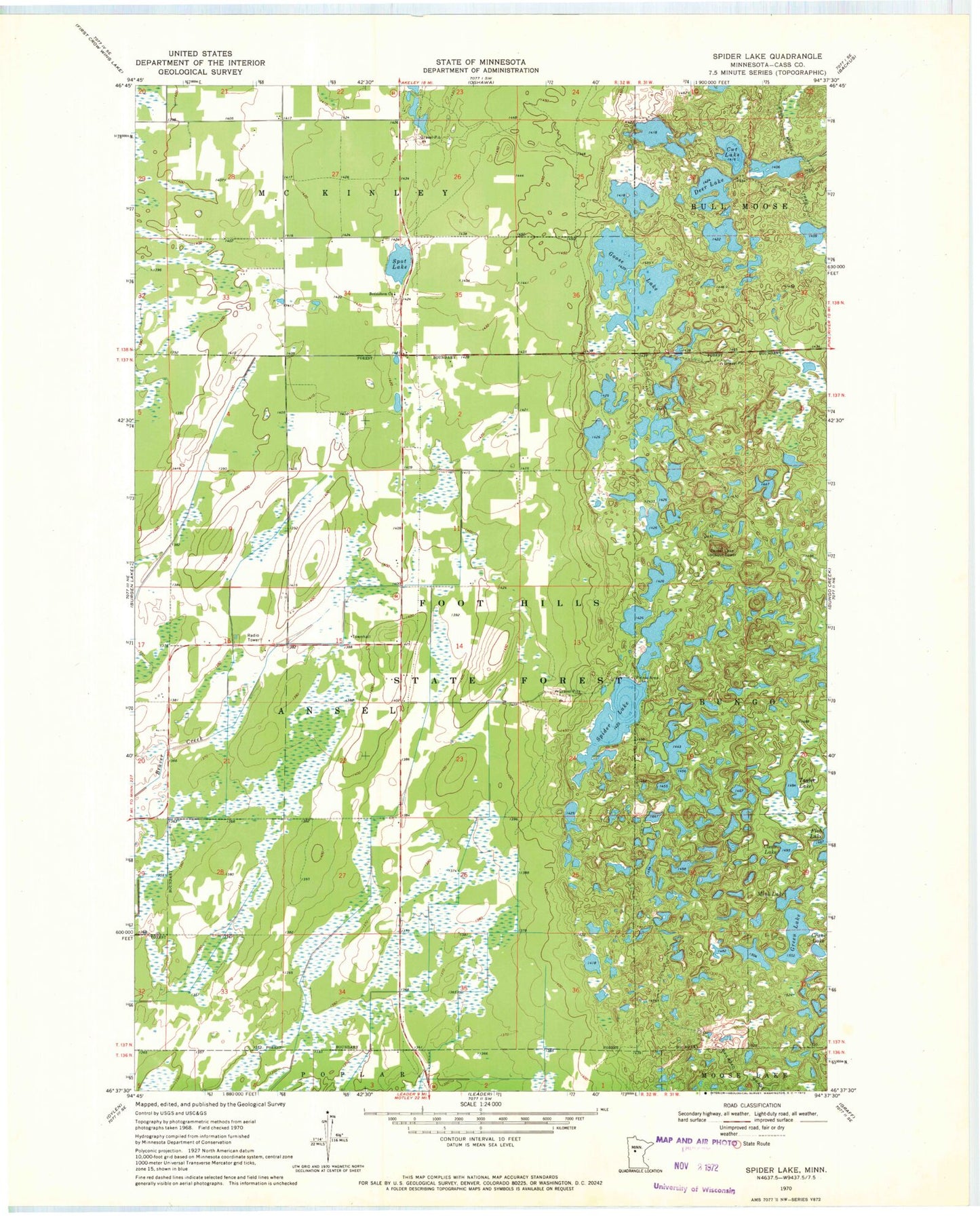 Classic USGS Spider Lake Minnesota 7.5'x7.5' Topo Map Image
