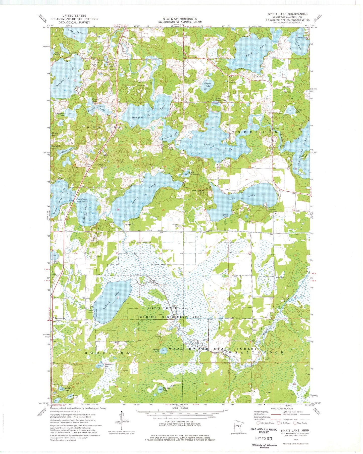 Classic USGS Spirit Lake Minnesota 7.5'x7.5' Topo Map Image