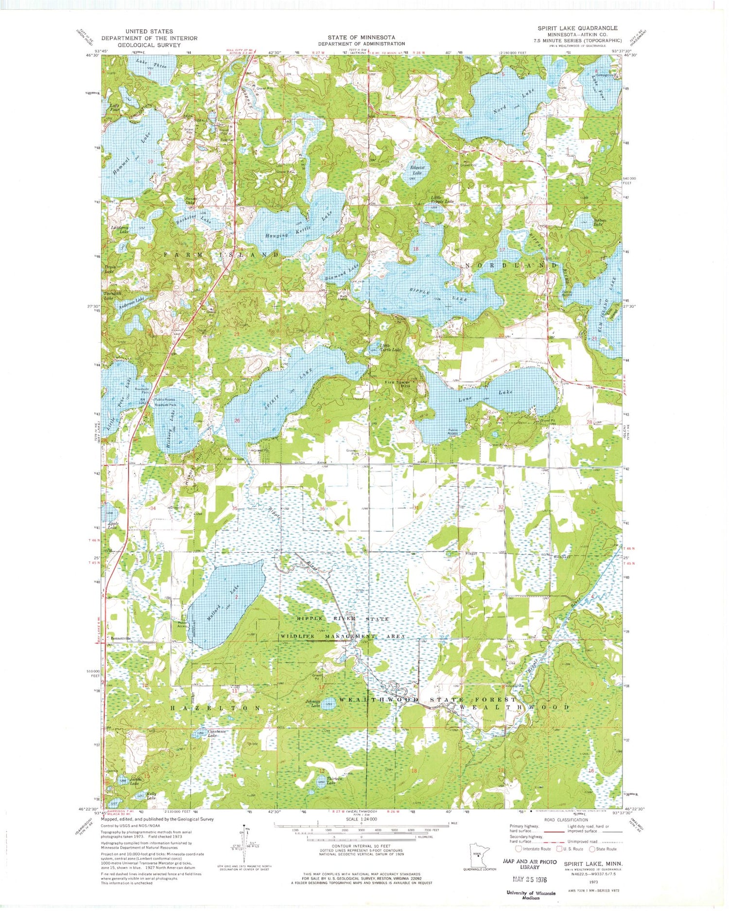 Classic USGS Spirit Lake Minnesota 7.5'x7.5' Topo Map Image