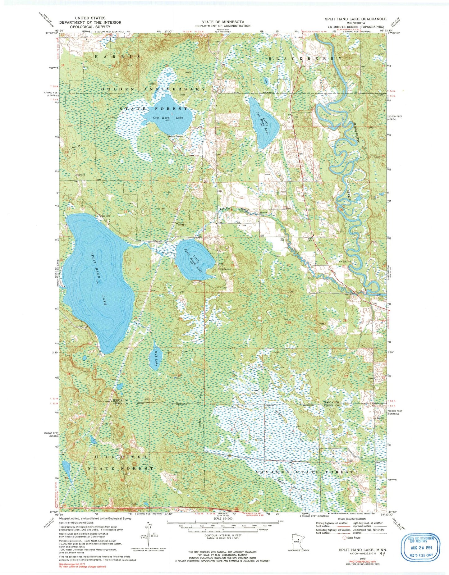 Classic USGS Split Hand Lake Minnesota 7.5'x7.5' Topo Map Image
