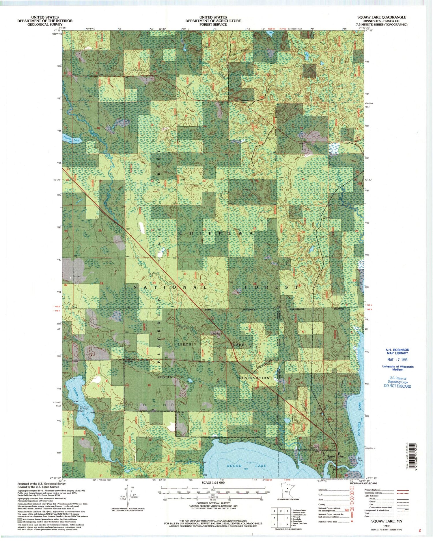Classic USGS Squaw Lake Minnesota 7.5'x7.5' Topo Map Image