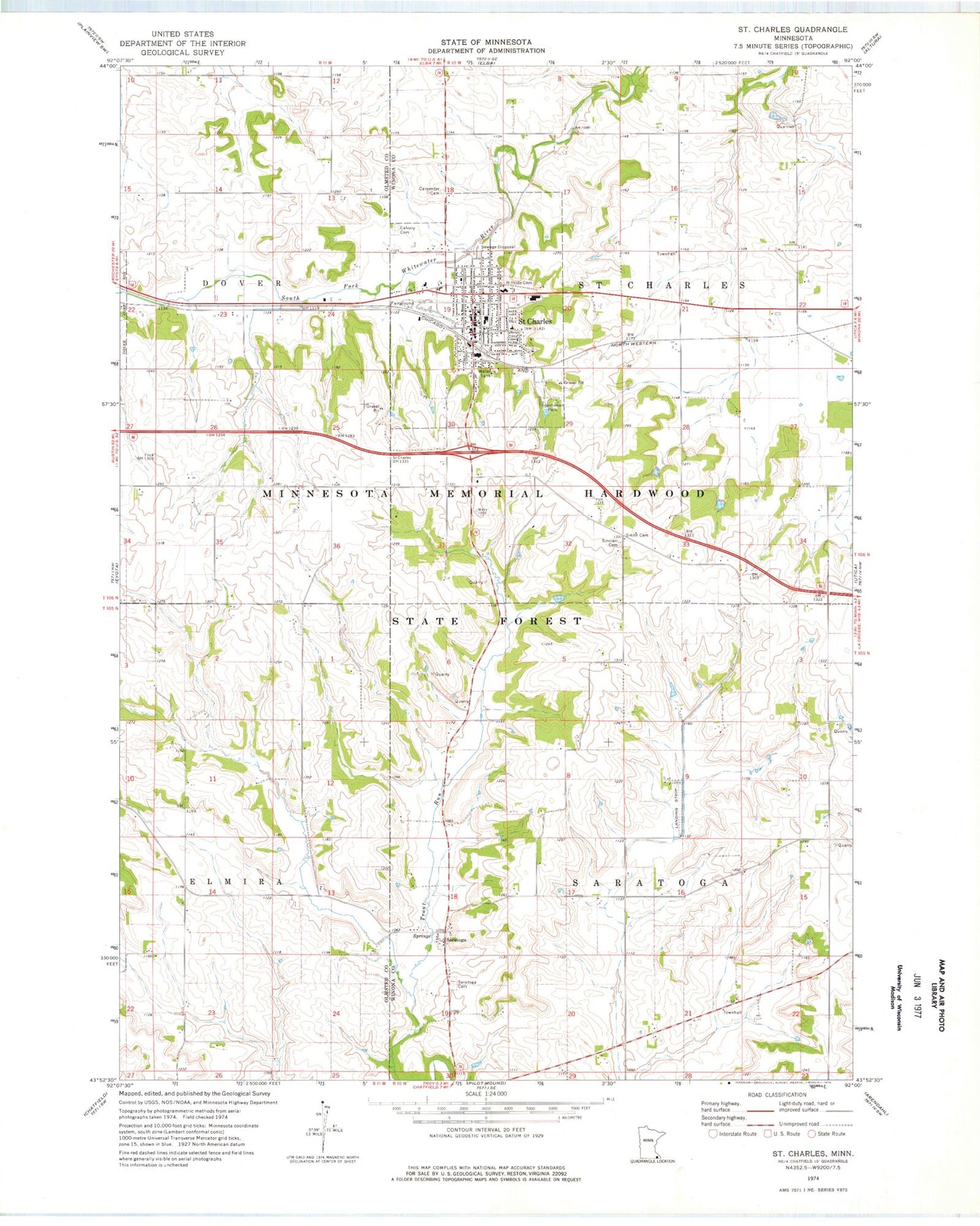 Classic USGS Saint Charles Minnesota 7.5'x7.5' Topo Map Image