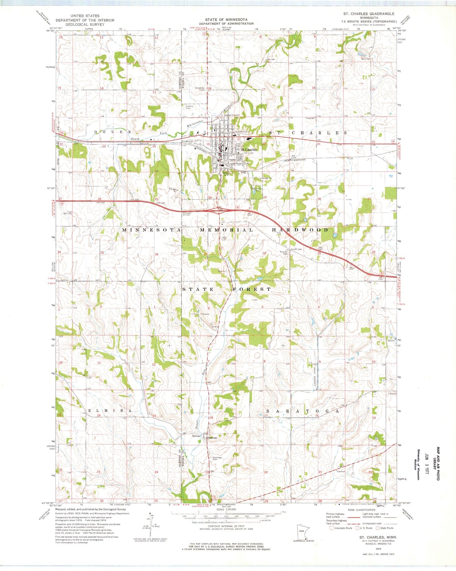 Classic USGS Saint Charles Minnesota 7.5'x7.5' Topo Map Image