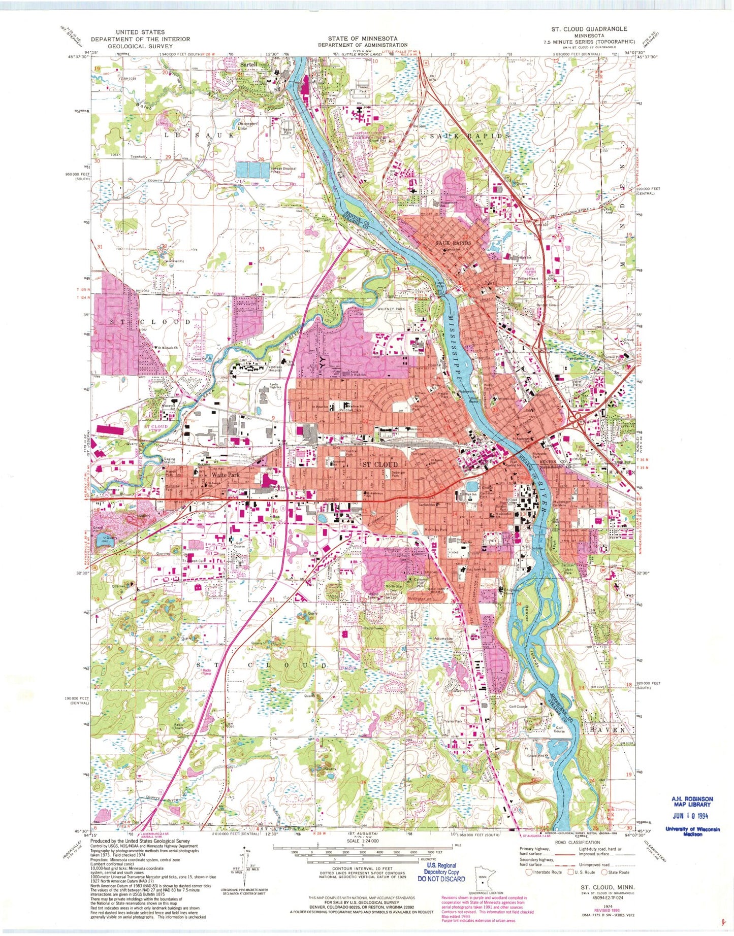 Classic USGS Saint Cloud Minnesota 7.5'x7.5' Topo Map Image