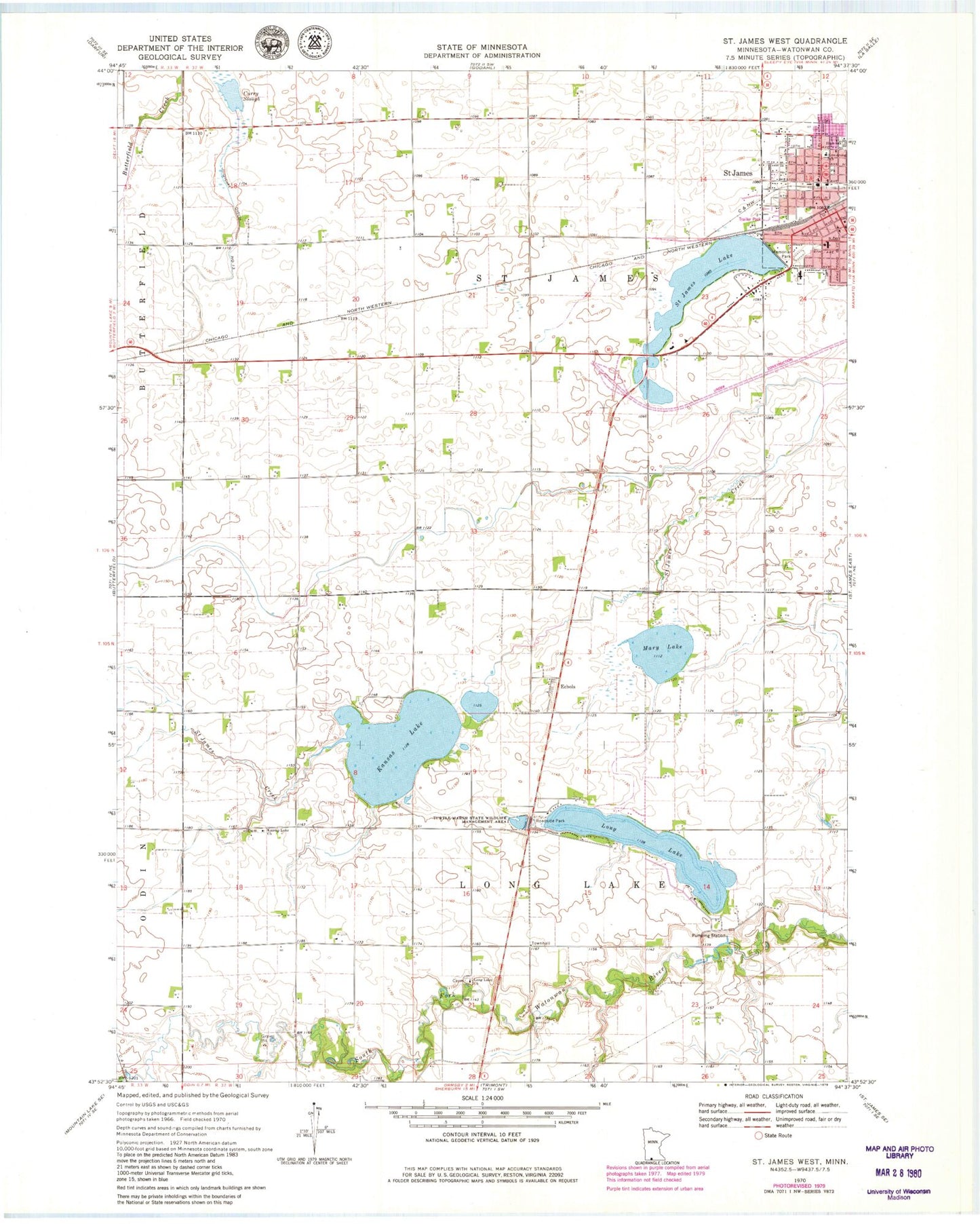 Classic USGS Saint James West Minnesota 7.5'x7.5' Topo Map Image