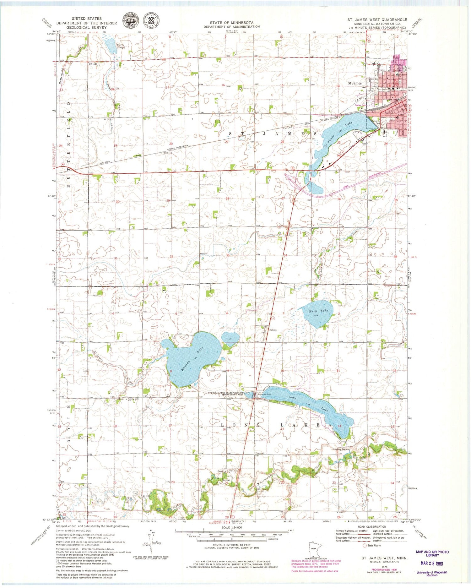 Classic USGS Saint James West Minnesota 7.5'x7.5' Topo Map Image