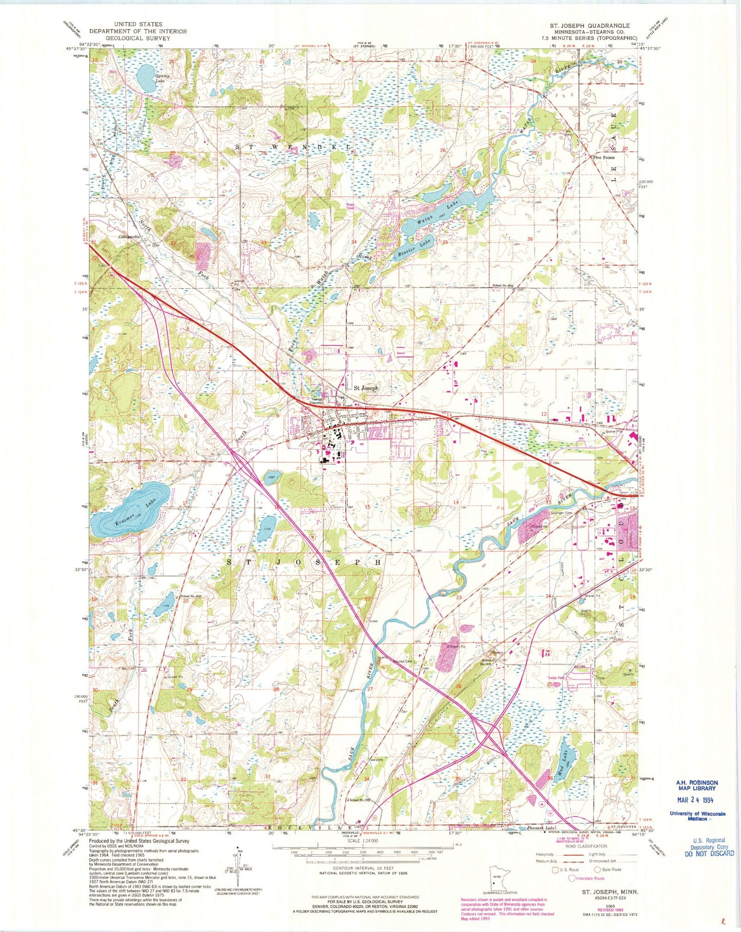 Classic USGS Saint Joseph Minnesota 7.5'x7.5' Topo Map Image