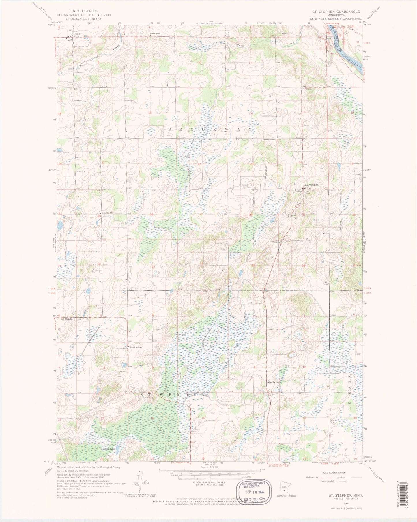 Classic USGS Saint Stephen Minnesota 7.5'x7.5' Topo Map Image