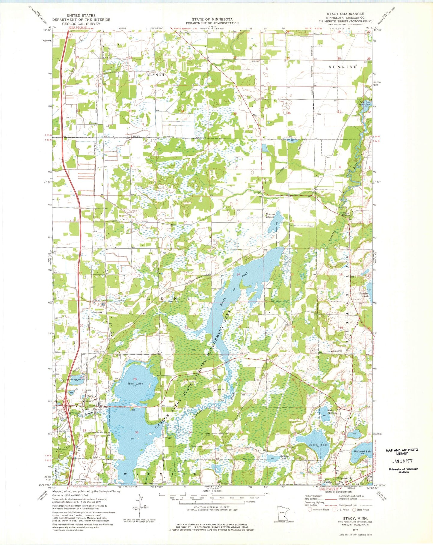 Classic USGS Stacy Minnesota 7.5'x7.5' Topo Map Image