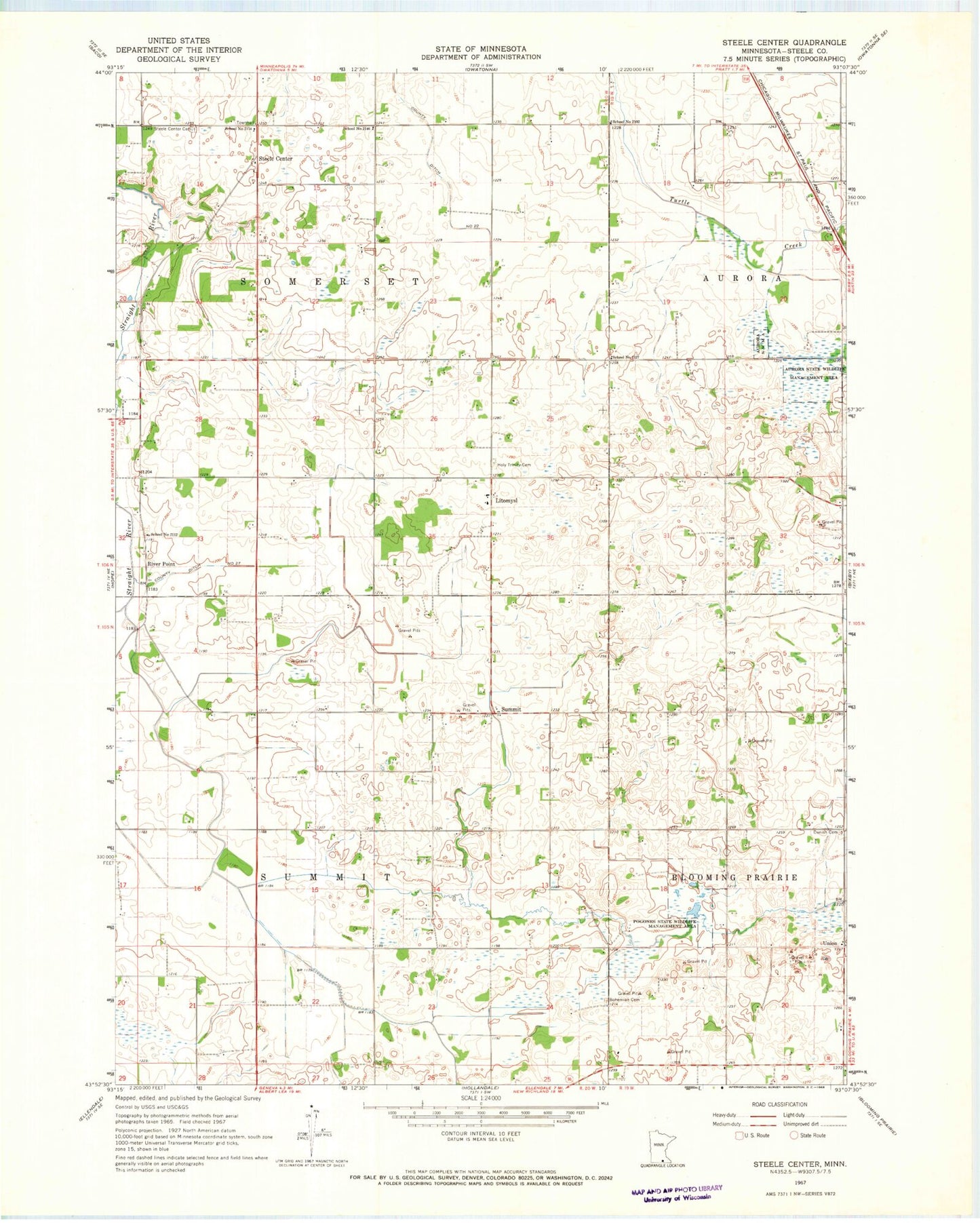 Classic USGS Steele Center Minnesota 7.5'x7.5' Topo Map Image