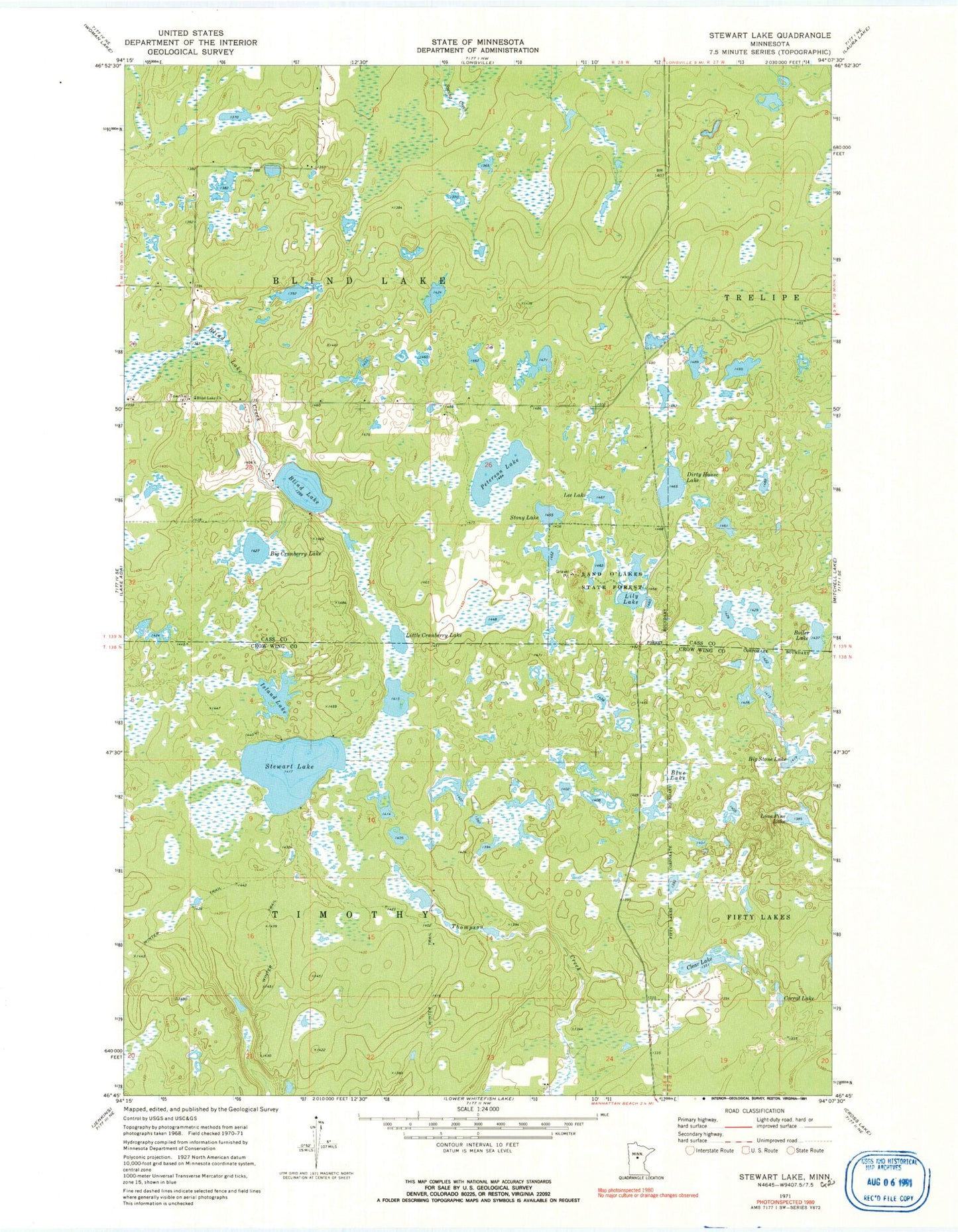 Classic USGS Stewart Lake Minnesota 7.5'x7.5' Topo Map Image