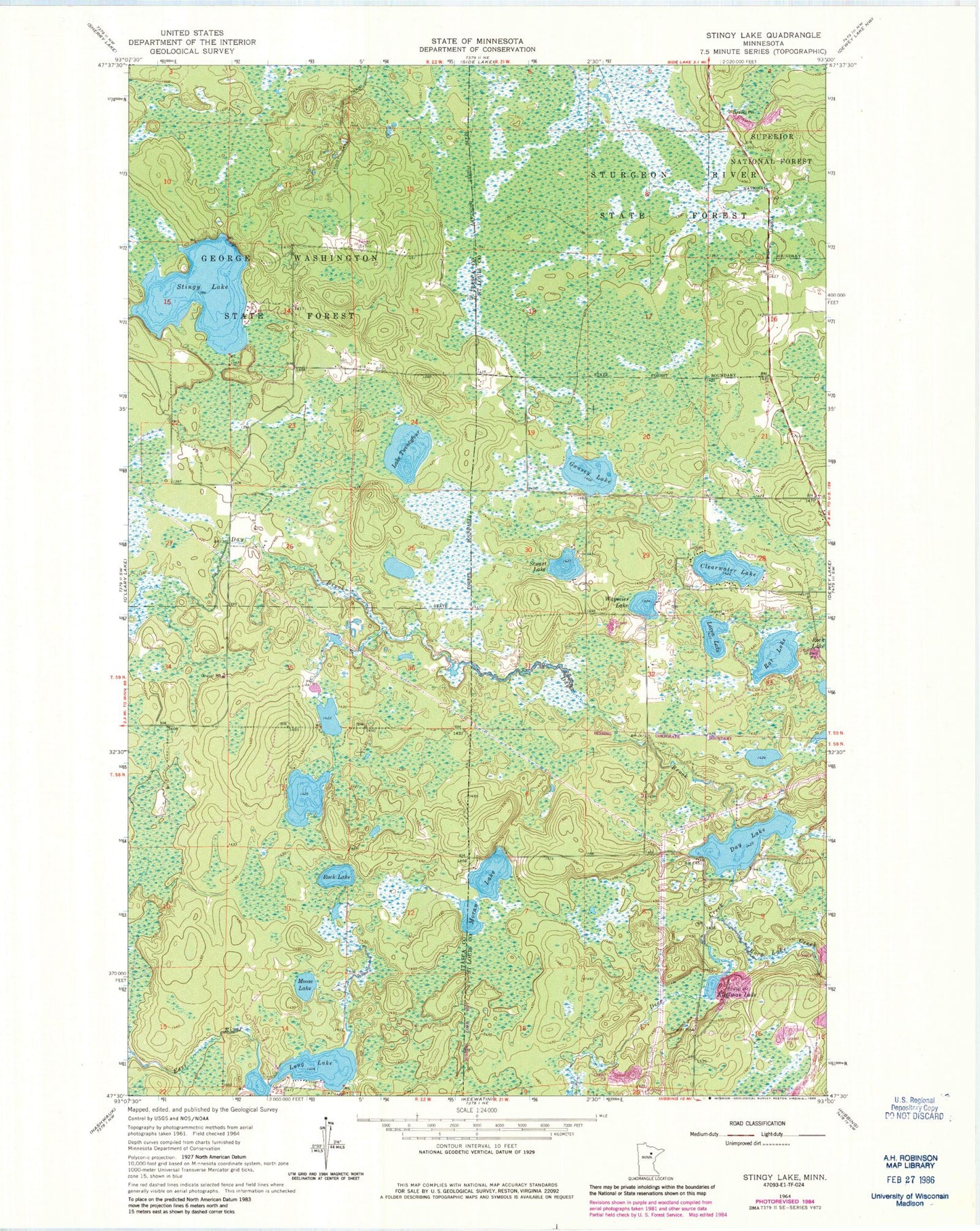 Classic USGS Stingy Lake Minnesota 7.5'x7.5' Topo Map Image