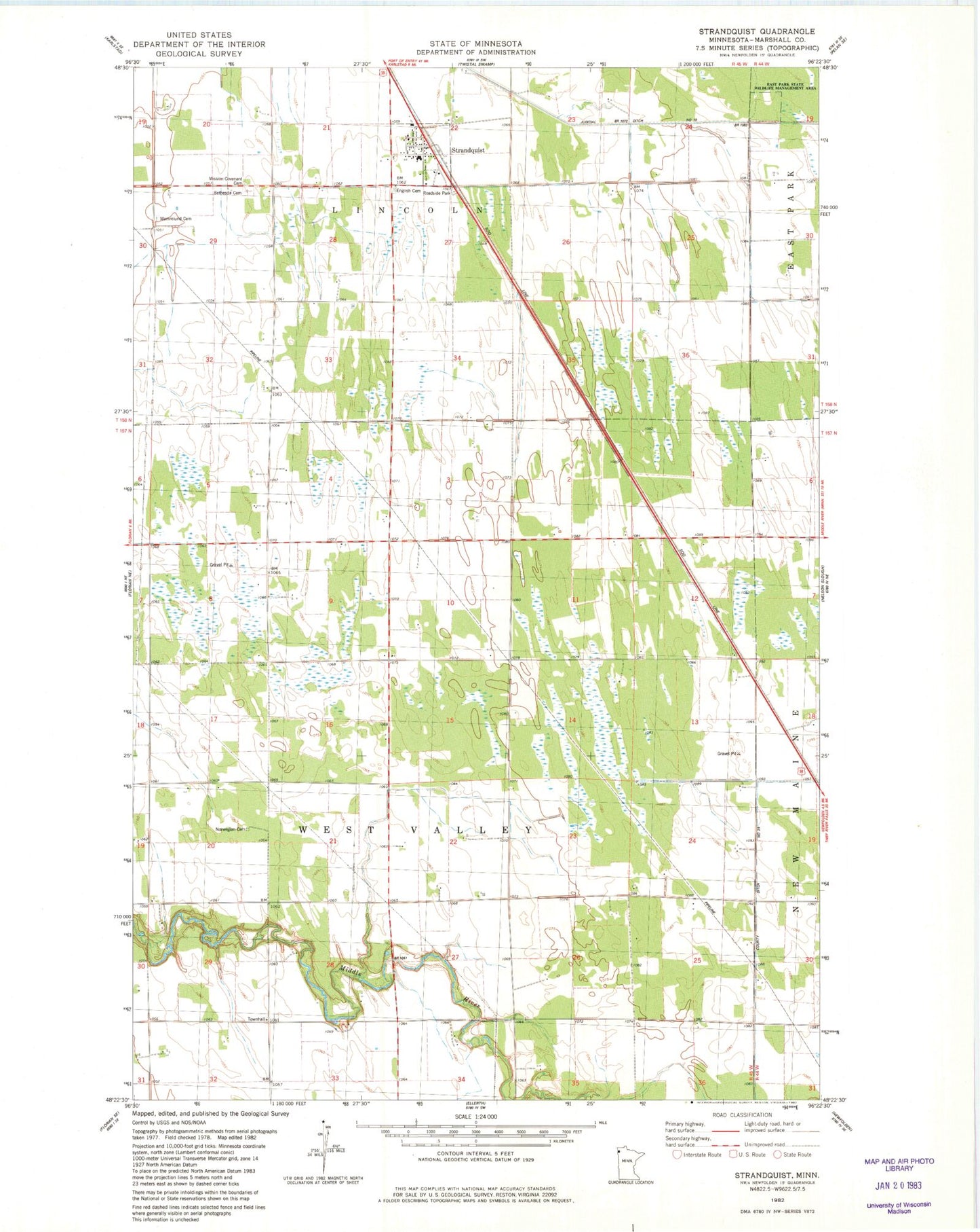 Classic USGS Strandquist Minnesota 7.5'x7.5' Topo Map Image