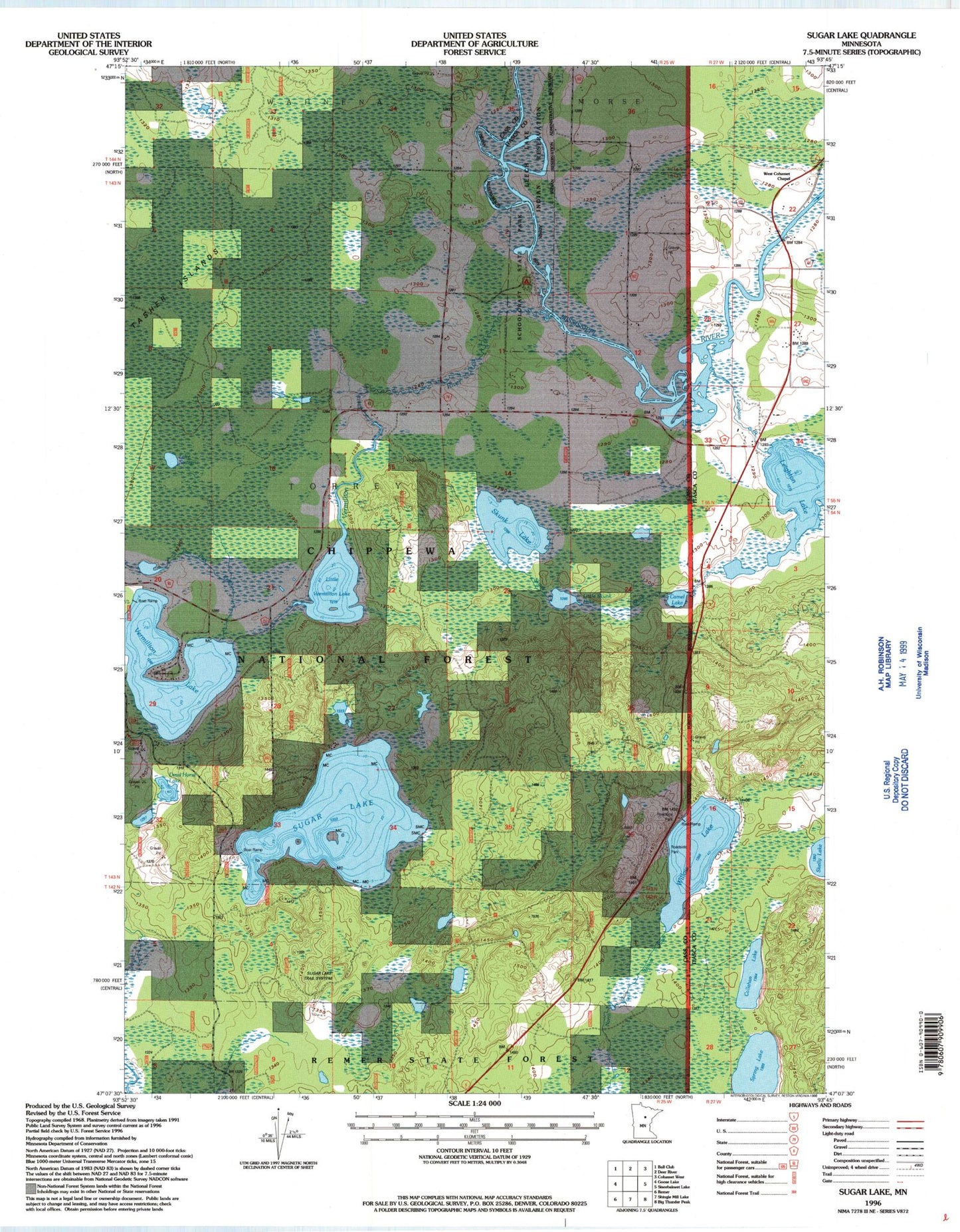 Classic USGS Sugar Lake Minnesota 7.5'x7.5' Topo Map Image