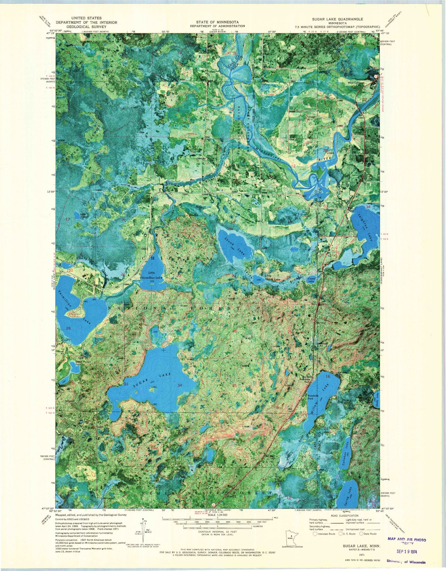 Classic USGS Sugar Lake Minnesota 7.5'x7.5' Topo Map Image