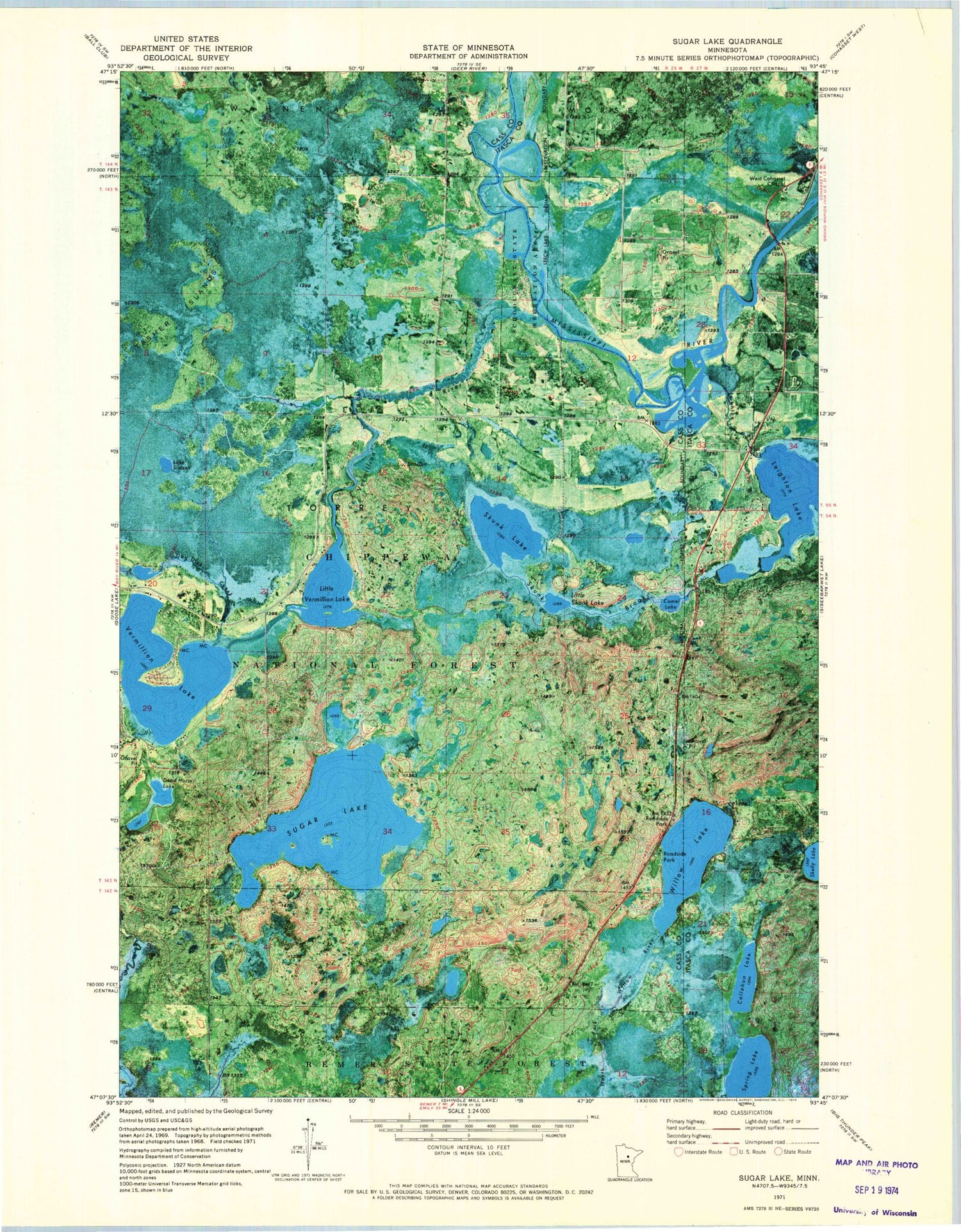 Classic USGS Sugar Lake Minnesota 7.5'x7.5' Topo Map Image