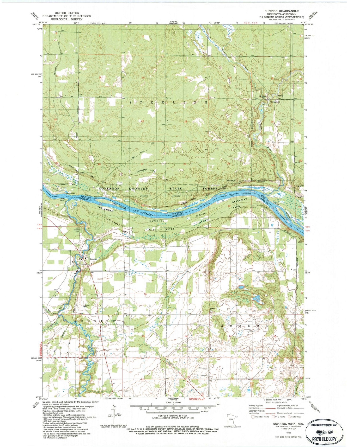Classic USGS Sunrise Minnesota 7.5'x7.5' Topo Map Image