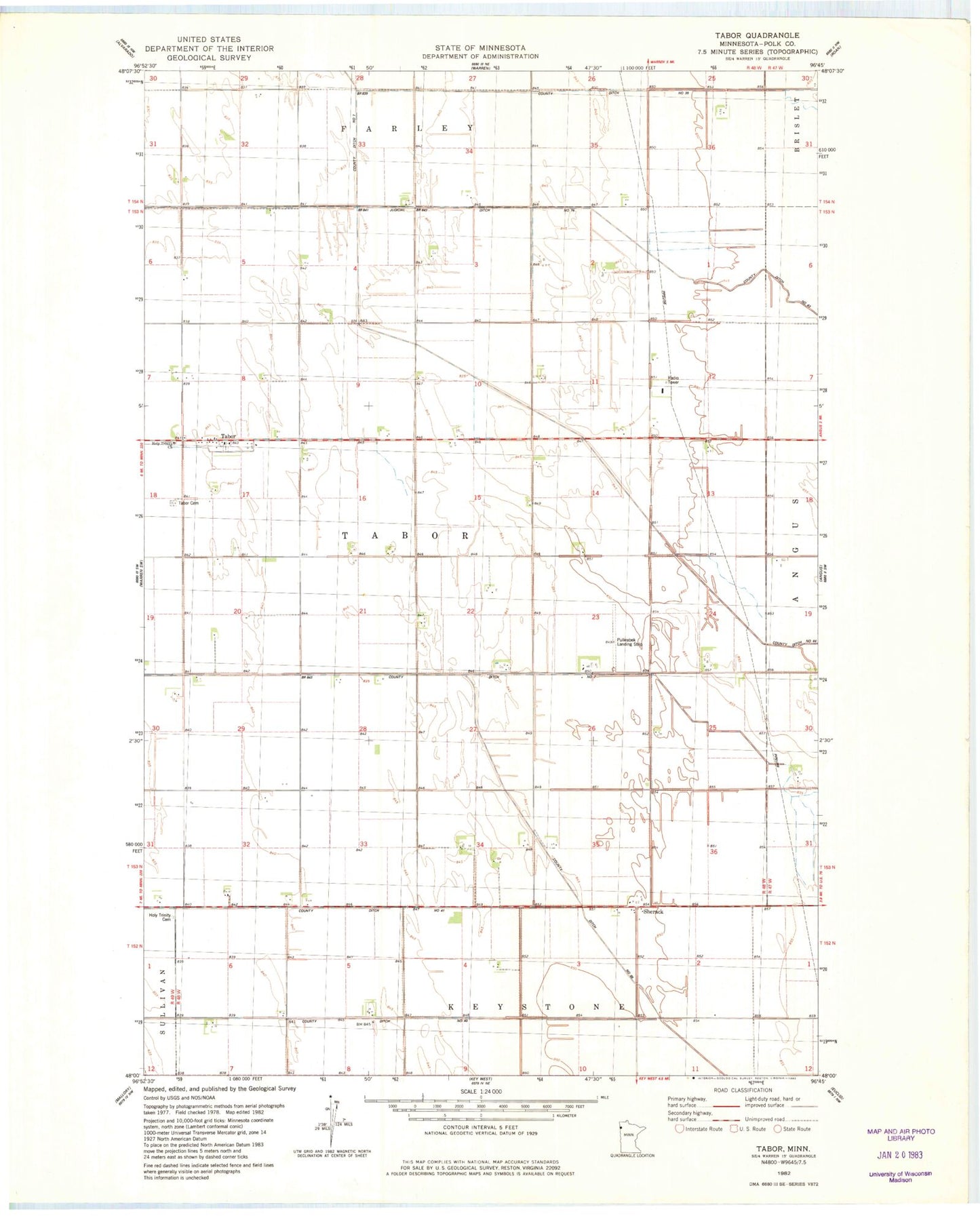 Classic USGS Tabor Minnesota 7.5'x7.5' Topo Map Image